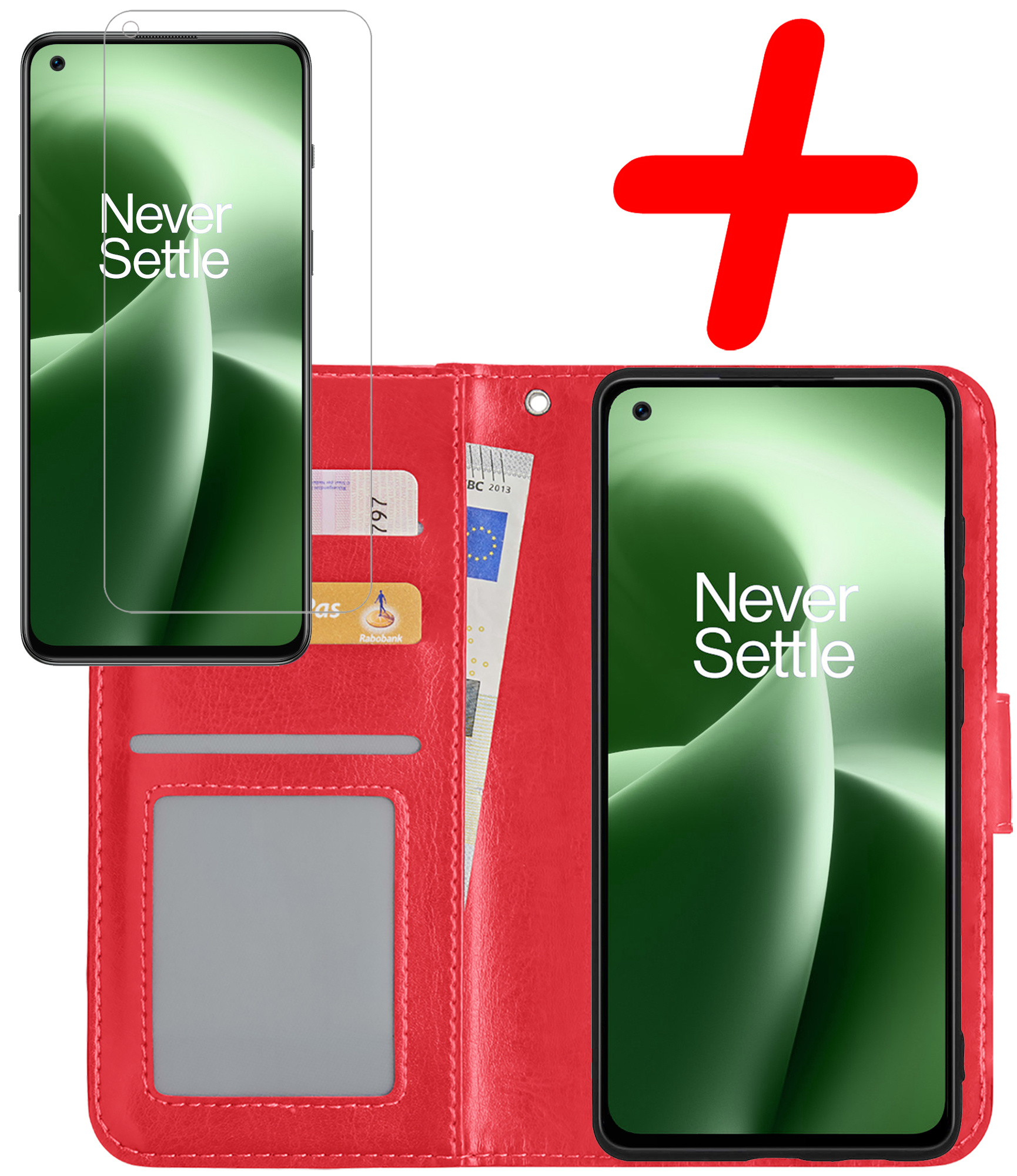 BASEY. Hoes Geschikt voor OnePlus Nord 2T Hoesje Bookcase Hoes Flip Case Book Cover Met Screenprotector - Hoesje Geschikt voor OnePlus Nord 2T Hoes Book Case Hoesje - Rood