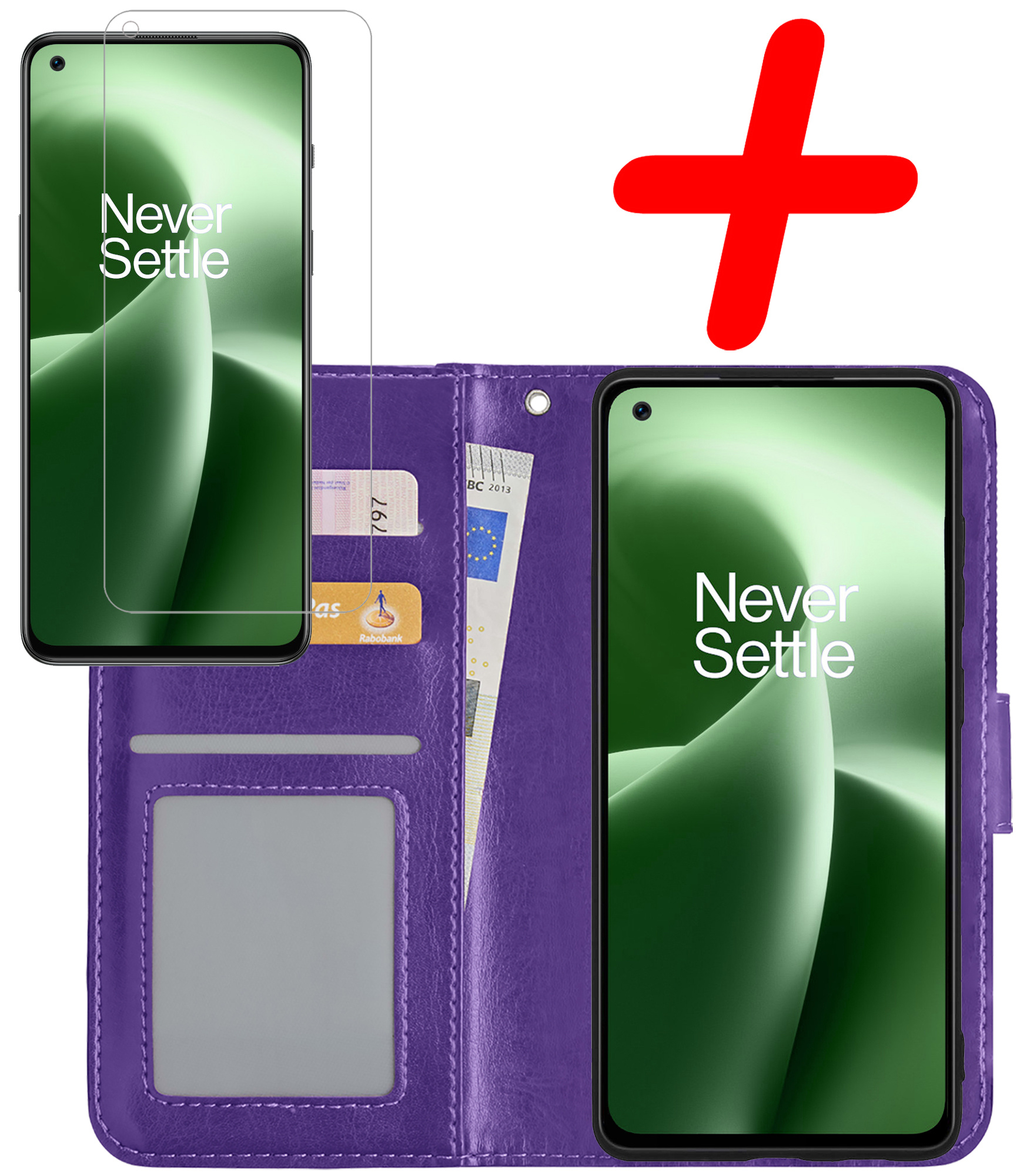 BASEY. Hoes Geschikt voor OnePlus Nord 2T Hoesje Bookcase Hoes Flip Case Book Cover Met Screenprotector - Hoesje Geschikt voor OnePlus Nord 2T Hoes Book Case Hoesje - Paars