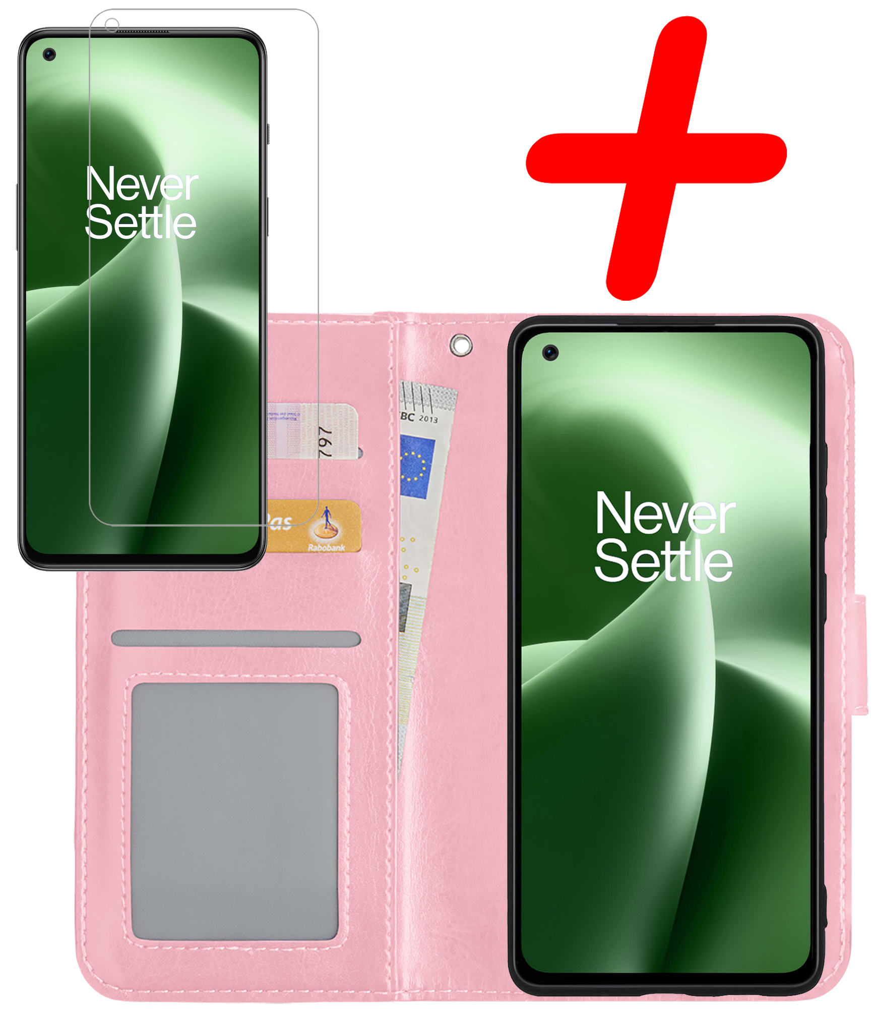 BASEY. Hoes Geschikt voor OnePlus Nord 2T Hoesje Bookcase Hoes Flip Case Book Cover Met Screenprotector - Hoesje Geschikt voor OnePlus Nord 2T Hoes Book Case Hoesje - Lichtroze