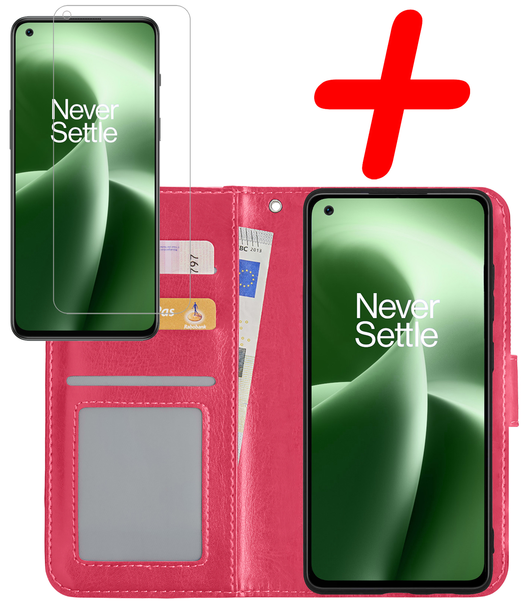 BASEY. Hoes Geschikt voor OnePlus Nord 2T Hoesje Bookcase Hoes Flip Case Book Cover Met Screenprotector - Hoesje Geschikt voor OnePlus Nord 2T Hoes Book Case Hoesje - Donkerroze