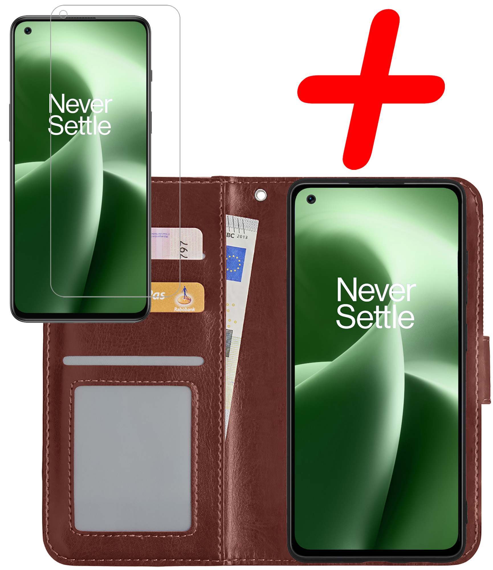 BASEY. Hoes Geschikt voor OnePlus Nord 2T Hoesje Bookcase Hoes Flip Case Book Cover Met Screenprotector - Hoesje Geschikt voor OnePlus Nord 2T Hoes Book Case Hoesje - Bruin