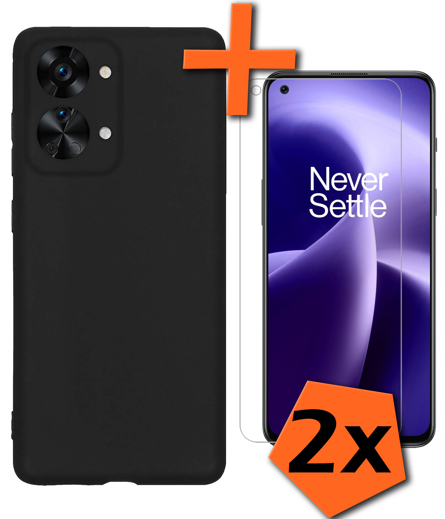 OnePlus Nord 2T Hoesje Siliconen Case Back Cover Met 2x Screenprotector - OnePlus Nord 2T Hoes Cover Silicone - Zwart
