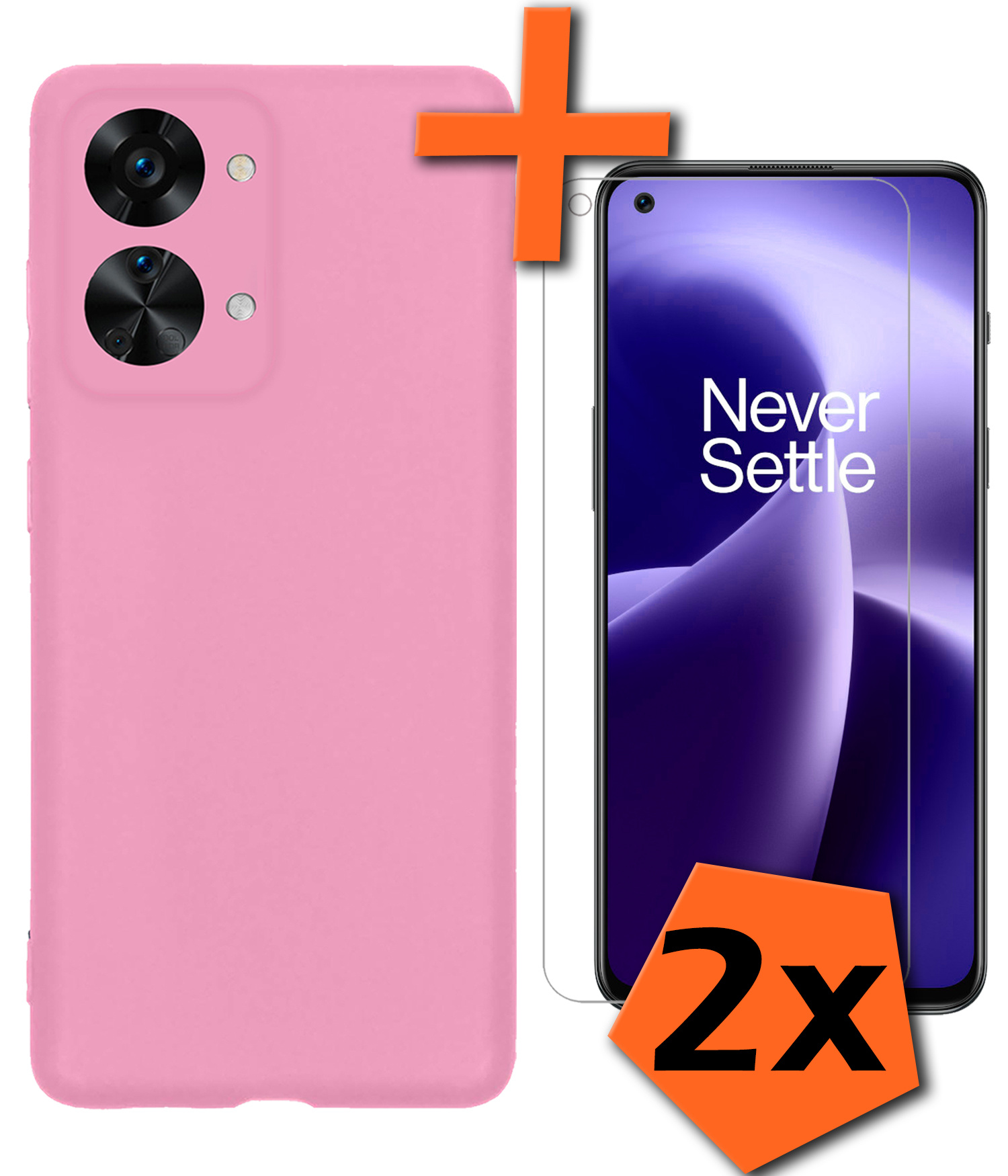 OnePlus Nord 2T Hoesje Siliconen Case Back Cover Met 2x Screenprotector - OnePlus Nord 2T Hoes Cover Silicone - Licht Roze
