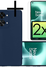 OnePlus Nord 2T Hoesje Back Cover Siliconen Case Hoes Met 2x Screenprotector - Donker Blauw