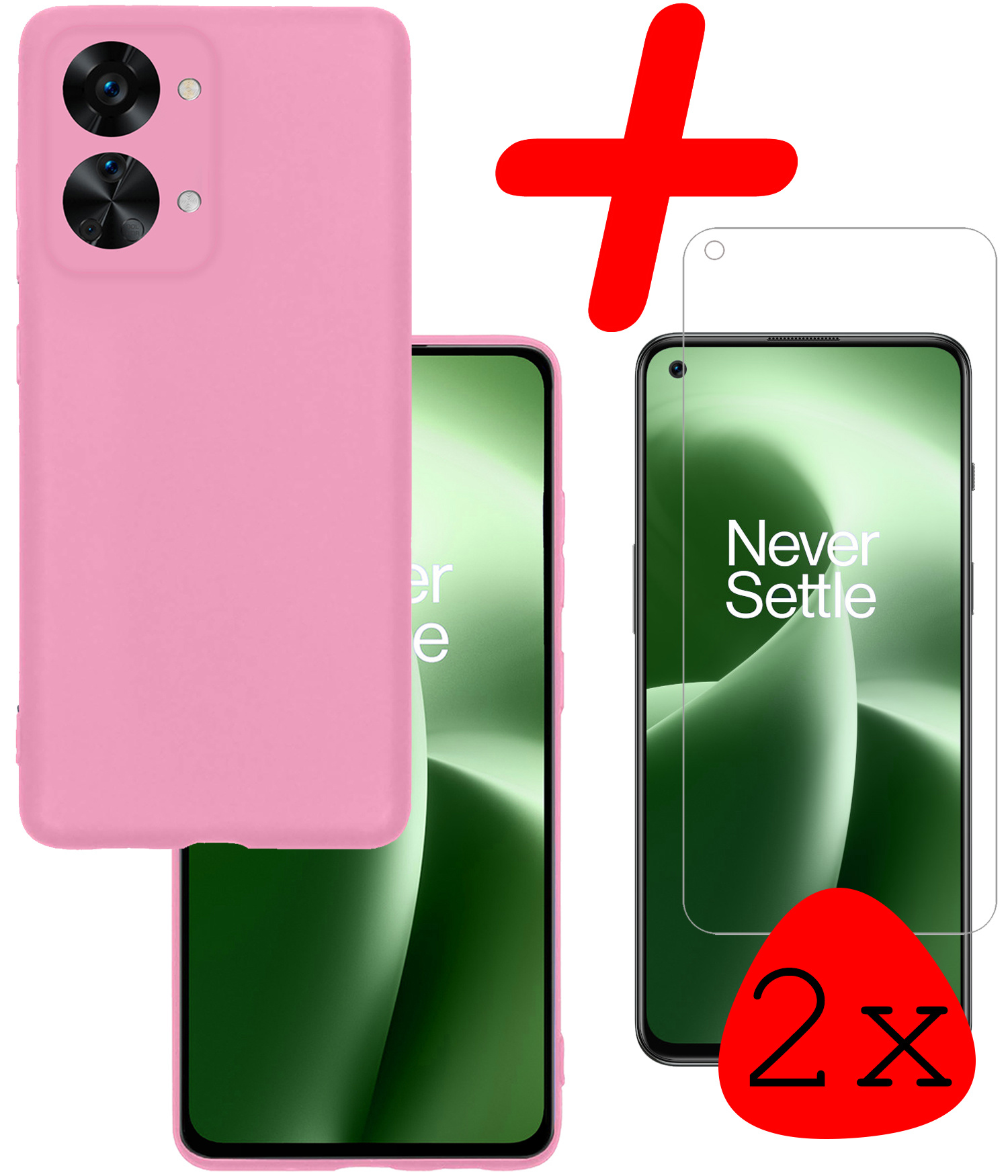 BASEY. Hoes Geschikt voor OnePlus Nord 2T Hoesje Siliconen Back Cover Case Met 2x Screenprotector - Hoesje Geschikt voor OnePlus Nord 2T Hoes Cover Hoesje - Lichtroze