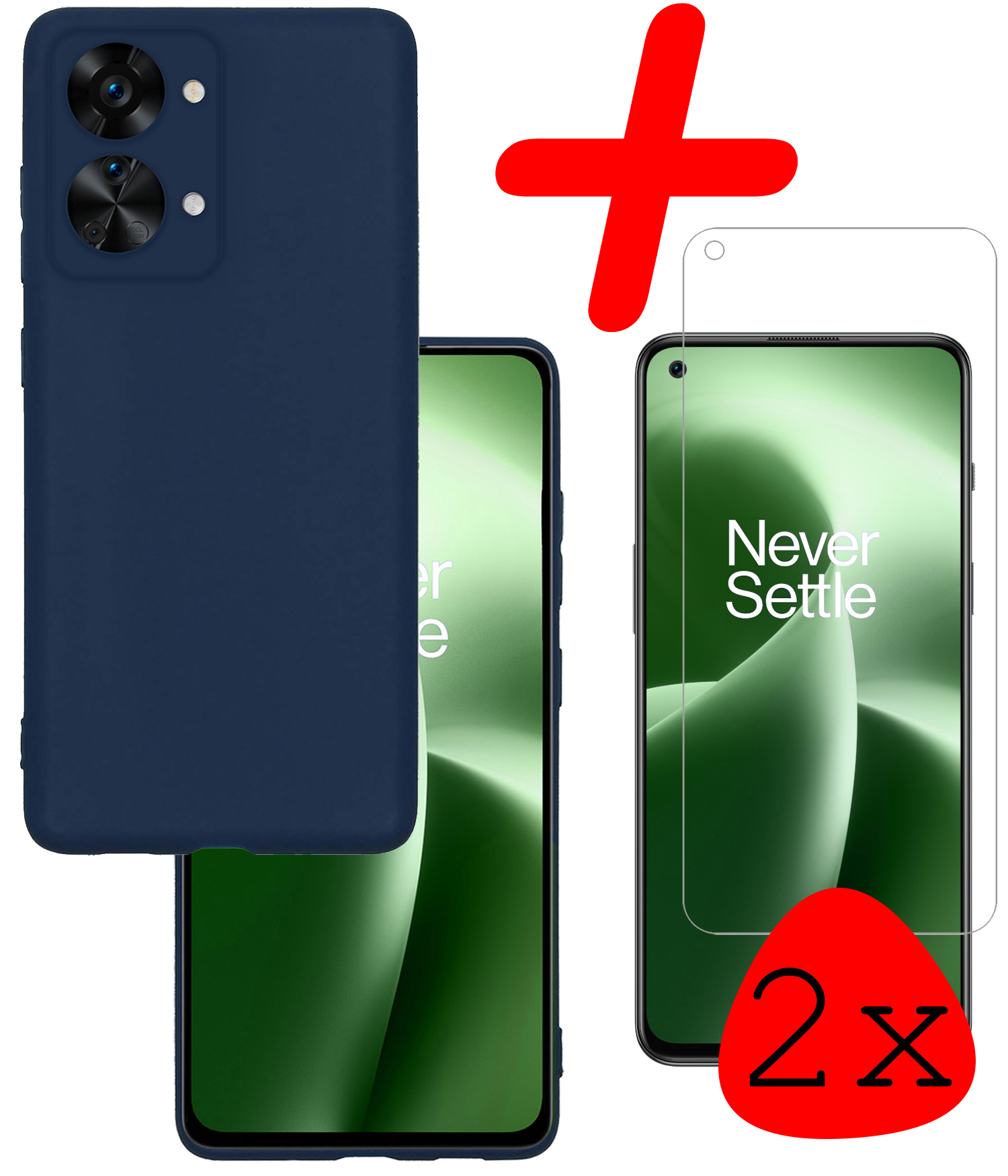 BASEY. Hoes Geschikt voor OnePlus Nord 2T Hoesje Siliconen Back Cover Case Met 2x Screenprotector - Hoesje Geschikt voor OnePlus Nord 2T Hoes Cover Hoesje - Donkerblauw