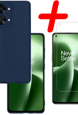 BASEY. Hoes Geschikt voor OnePlus Nord 2T Hoesje Siliconen Back Cover Case Met Screenprotector - Hoesje Geschikt voor OnePlus Nord 2T Hoes Cover Hoesje - Donkerblauw