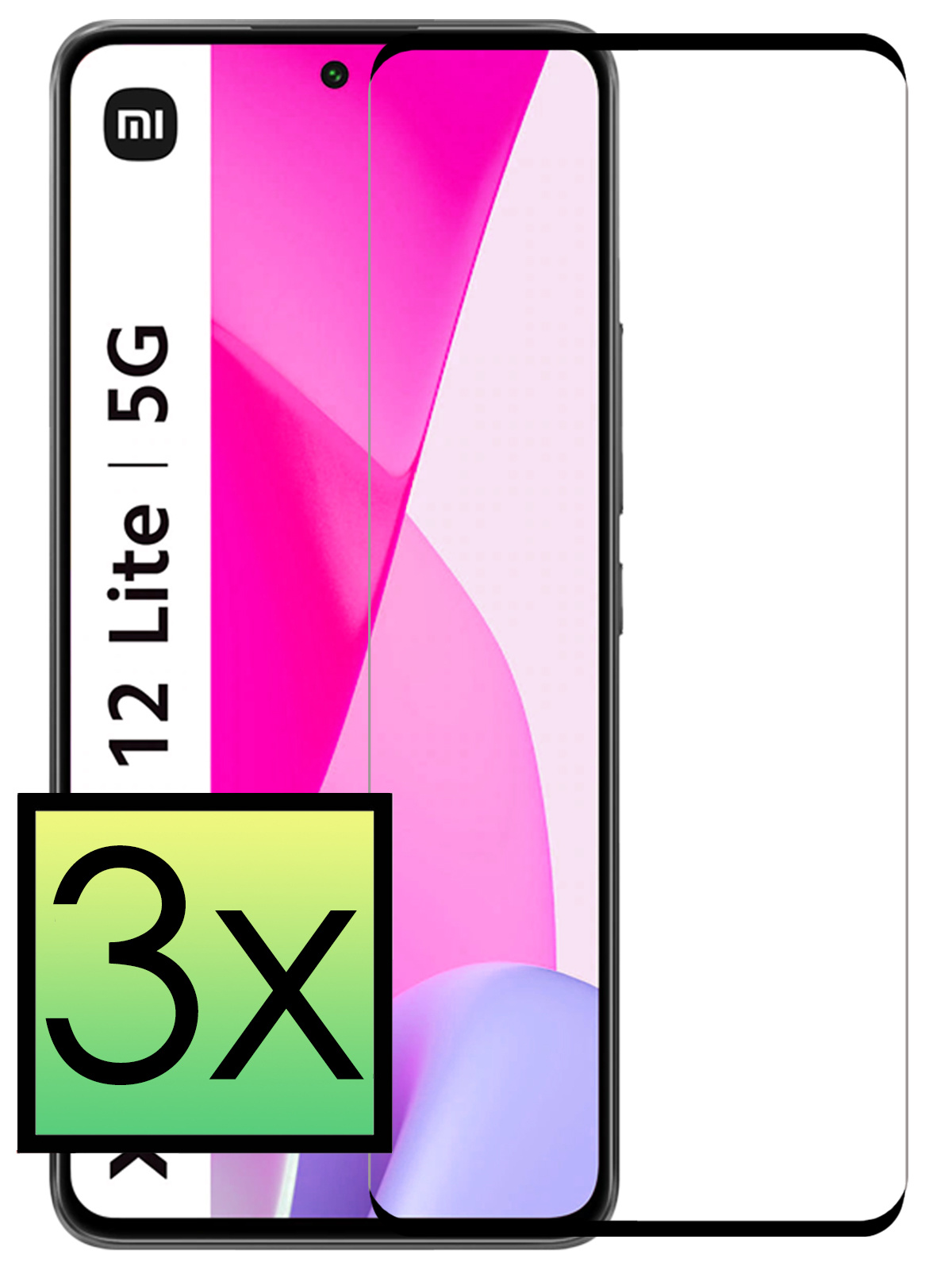 NoXx Xiaomi 12 Lite Screenprotector Glas Tempered Glass 3D - Xiaomi 12 Lite Screen Protector 3D Full Cover - 3 PACK