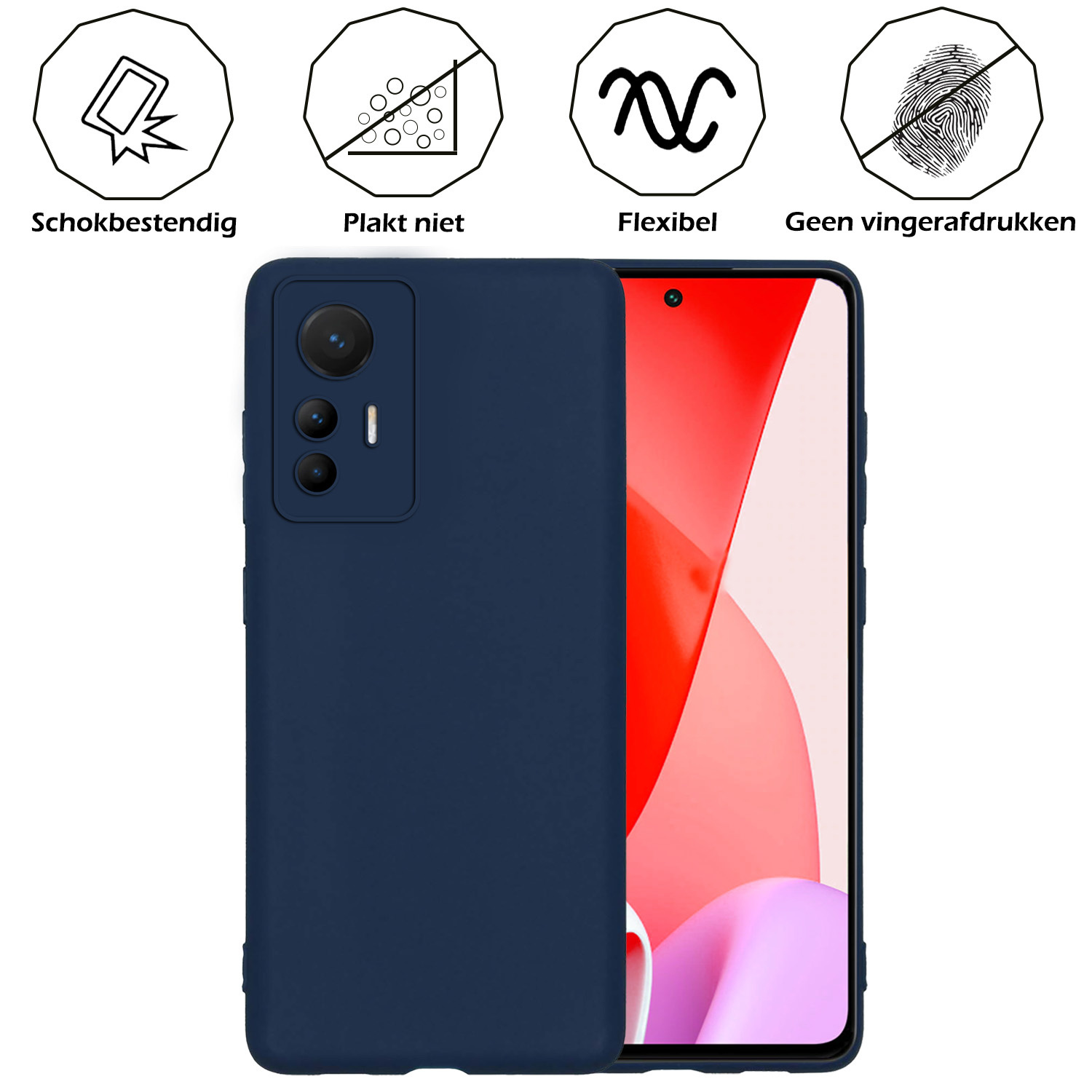 Nomfy Xiaomi 12 Lite Hoesje Siliconen Case Back Cover Met 2x Screenprotector - Xiaomi 12 Lite Hoes Cover Silicone - Donker Blauw