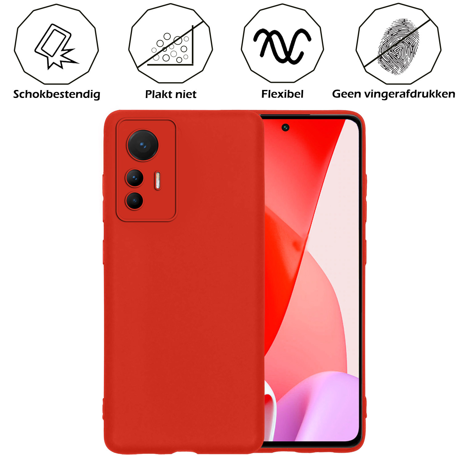 Nomfy Hoesje Geschikt voor Xiaomi 12 Lite Hoesje Siliconen Cover Case Met 2x Screenprotector - Hoes Geschikt voor Xiaomi 12 Lite Hoes Back Case - Rood
