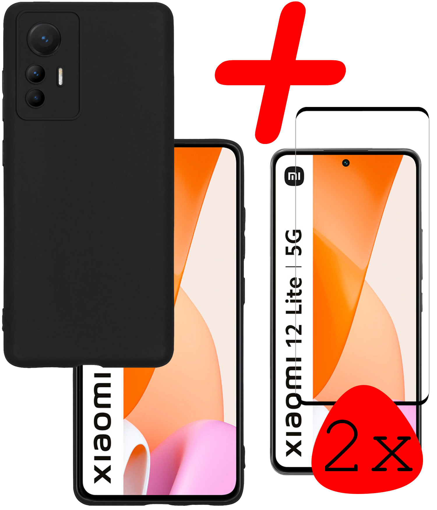 BASEY. Hoes Geschikt voor Xiaomi 12 Lite Hoesje Siliconen Back Cover Case Met 2x Screenprotector - Hoesje Geschikt voor Xiaomi 12 Lite Hoes Cover Hoesje - Zwart