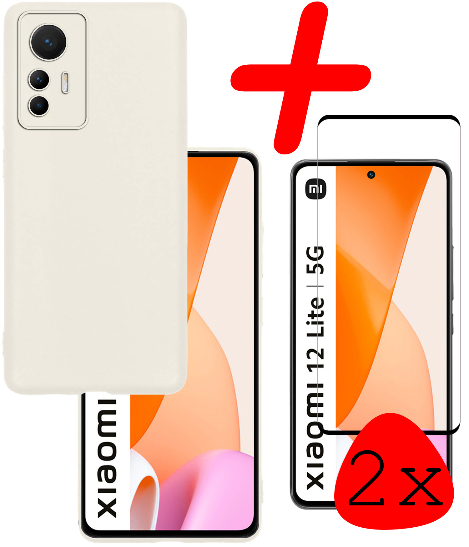 BASEY. Hoes Geschikt voor Xiaomi 12 Lite Hoesje Siliconen Back Cover Case Met 2x Screenprotector - Hoesje Geschikt voor Xiaomi 12 Lite Hoes Cover Hoesje - Wit