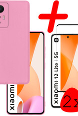 BASEY. Hoes Geschikt voor Xiaomi 12 Lite Hoesje Siliconen Back Cover Case Met 2x Screenprotector - Hoesje Geschikt voor Xiaomi 12 Lite Hoes Cover Hoesje - Lichtroze