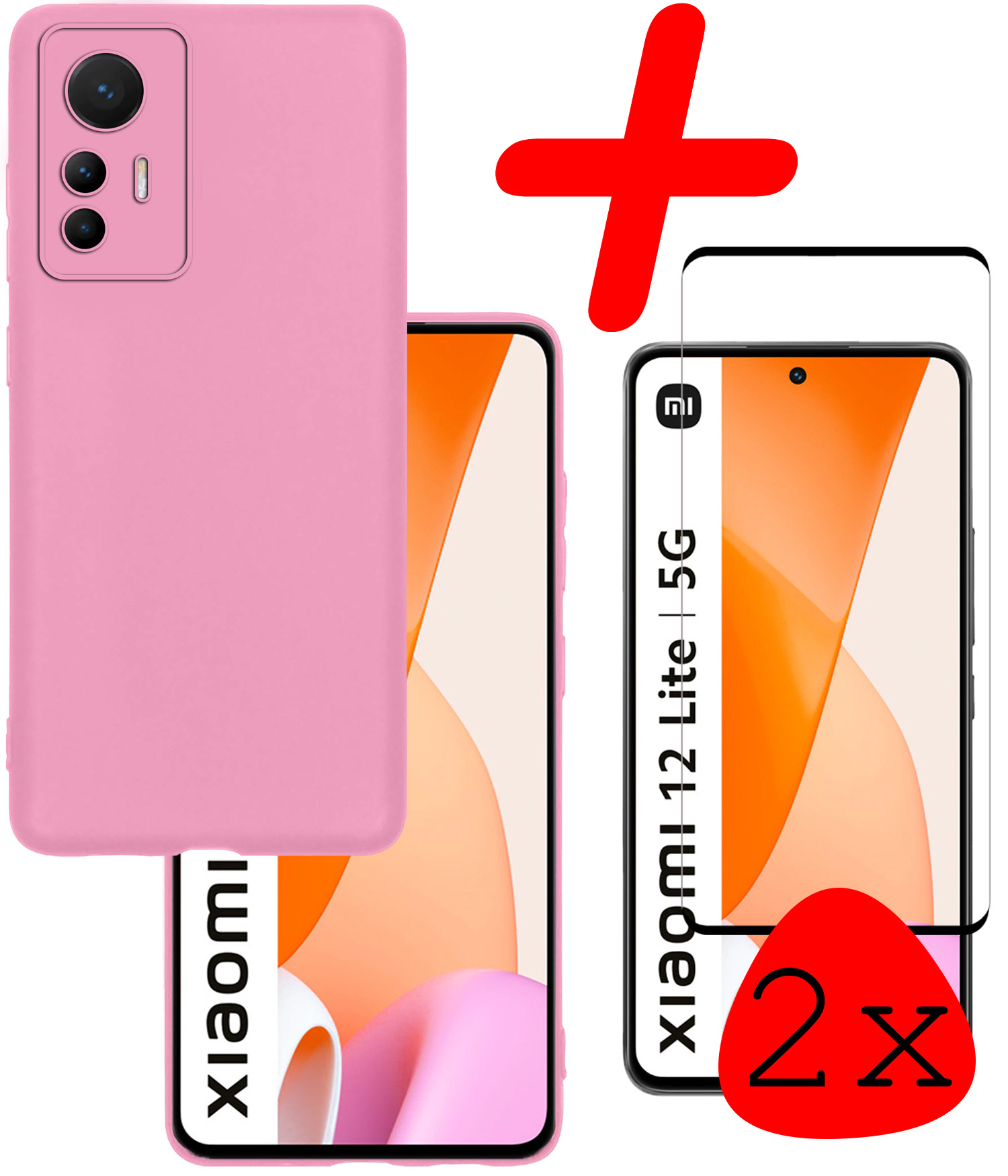 BASEY. Hoes Geschikt voor Xiaomi 12 Lite Hoesje Siliconen Back Cover Case Met 2x Screenprotector - Hoesje Geschikt voor Xiaomi 12 Lite Hoes Cover Hoesje - Lichtroze