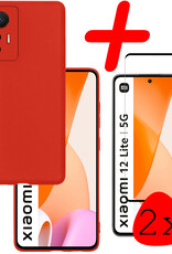 BASEY. Hoes Geschikt voor Xiaomi 12 Lite Hoesje Siliconen Back Cover Case Met 2x Screenprotector - Hoesje Geschikt voor Xiaomi 12 Lite Hoes Cover Hoesje - Rood