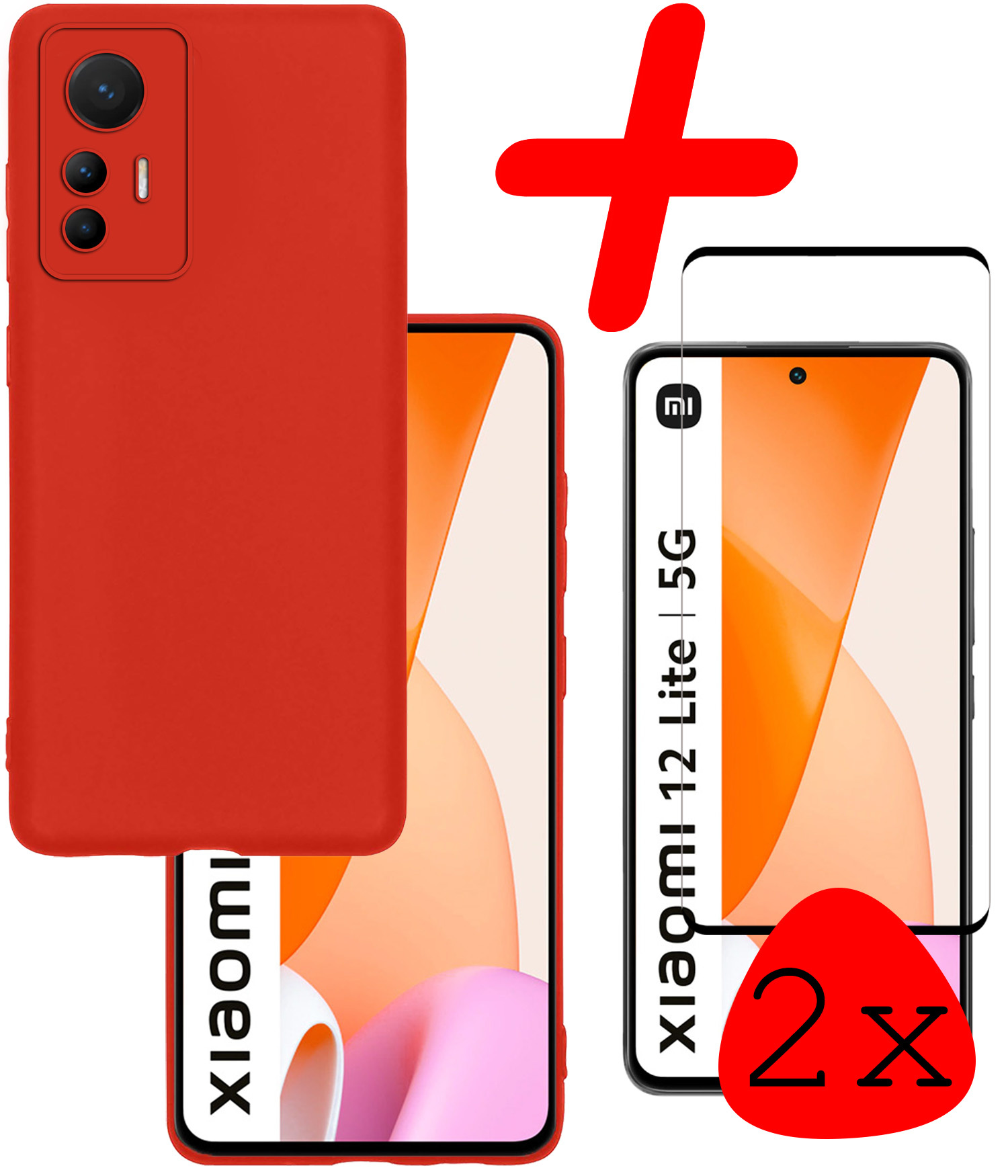 BASEY. Hoes Geschikt voor Xiaomi 12 Lite Hoesje Siliconen Back Cover Case Met 2x Screenprotector - Hoesje Geschikt voor Xiaomi 12 Lite Hoes Cover Hoesje - Rood