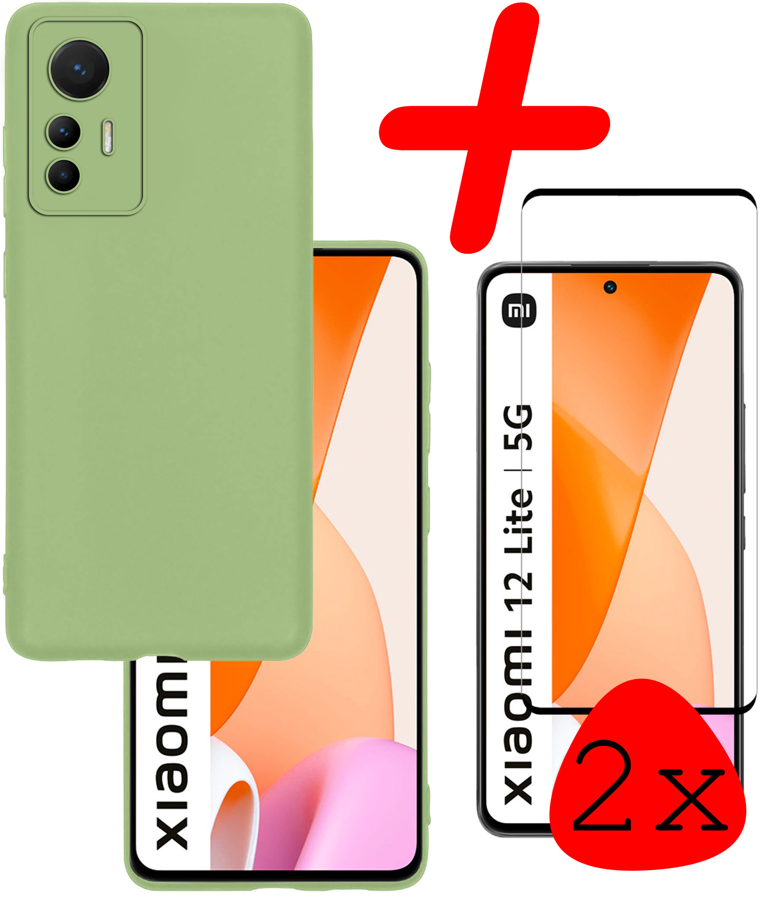BASEY. Hoes Geschikt voor Xiaomi 12 Lite Hoesje Siliconen Back Cover Case Met 2x Screenprotector - Hoesje Geschikt voor Xiaomi 12 Lite Hoes Cover Hoesje - Groen