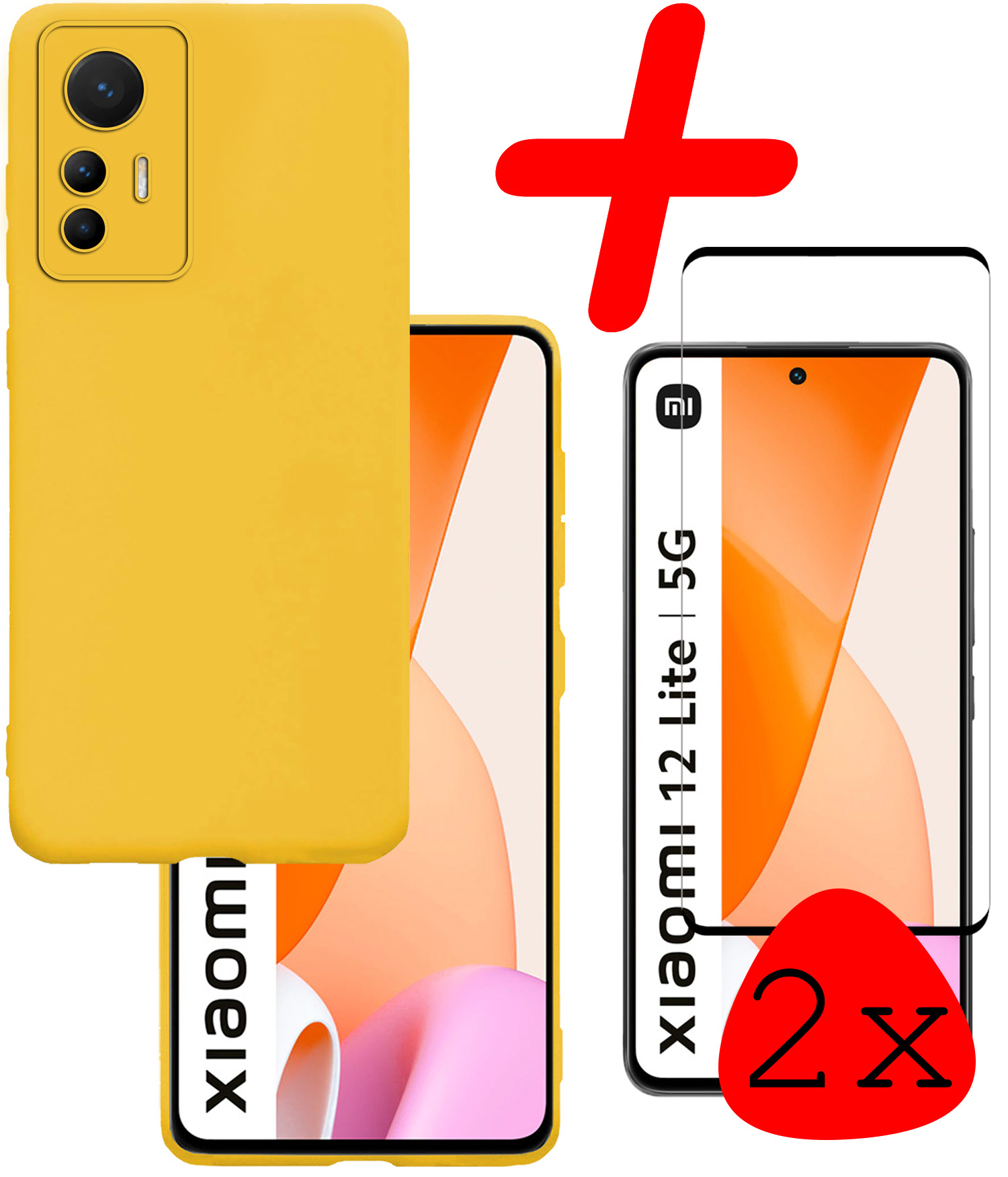 BASEY. Hoes Geschikt voor Xiaomi 12 Lite Hoesje Siliconen Back Cover Case Met 2x Screenprotector - Hoesje Geschikt voor Xiaomi 12 Lite Hoes Cover Hoesje - Geel