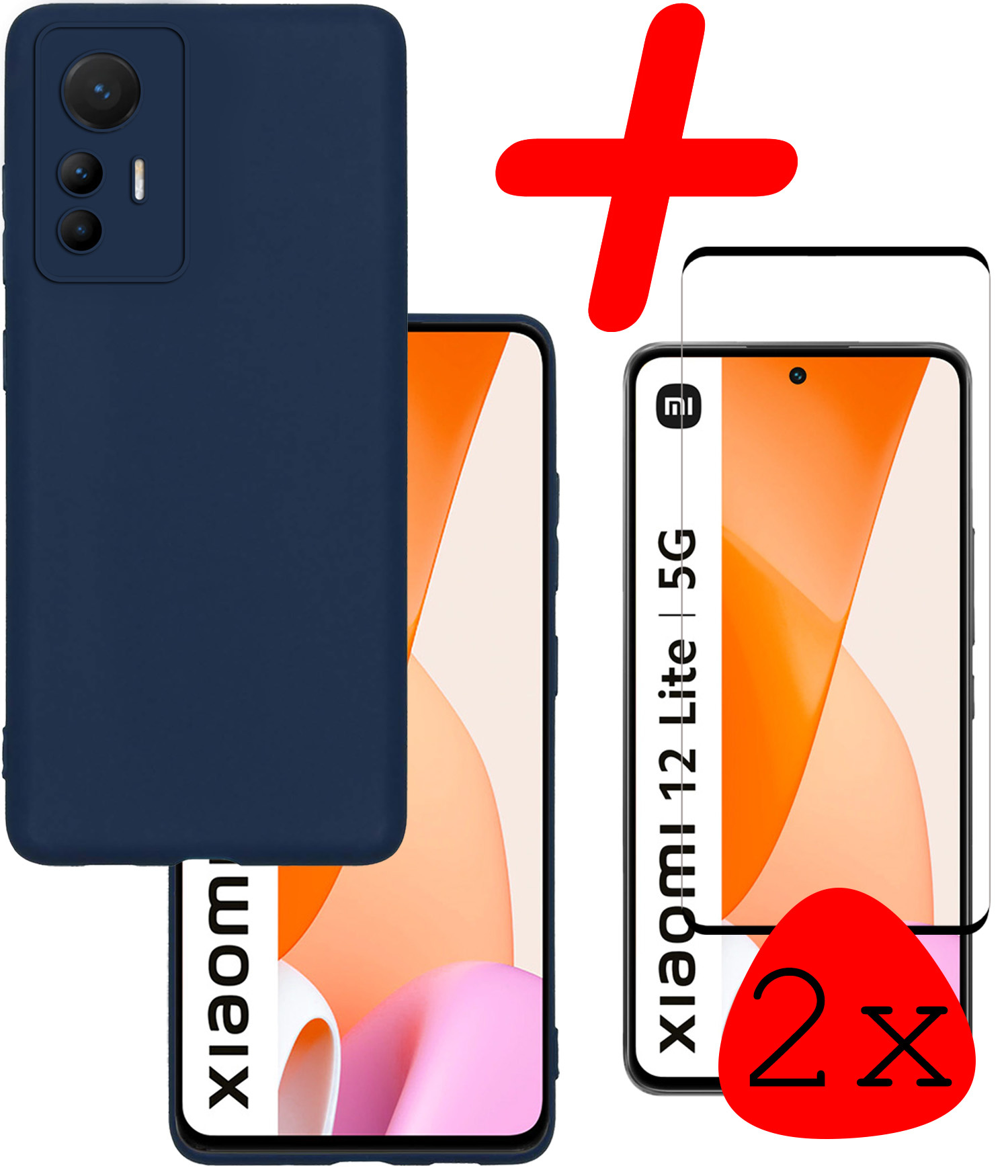 BASEY. Hoes Geschikt voor Xiaomi 12 Lite Hoesje Siliconen Back Cover Case Met 2x Screenprotector - Hoesje Geschikt voor Xiaomi 12 Lite Hoes Cover Hoesje - Donkerblauw