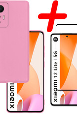 BASEY. Hoes Geschikt voor Xiaomi 12 Lite Hoesje Siliconen Back Cover Case Met Screenprotector - Hoesje Geschikt voor Xiaomi 12 Lite Hoes Cover Hoesje - Lichtroze