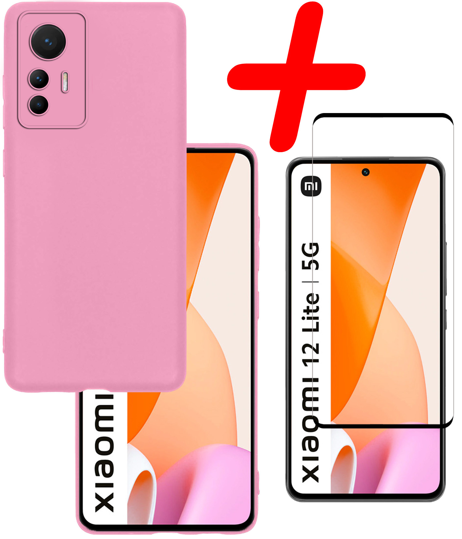 BASEY. Hoes Geschikt voor Xiaomi 12 Lite Hoesje Siliconen Back Cover Case Met Screenprotector - Hoesje Geschikt voor Xiaomi 12 Lite Hoes Cover Hoesje - Lichtroze