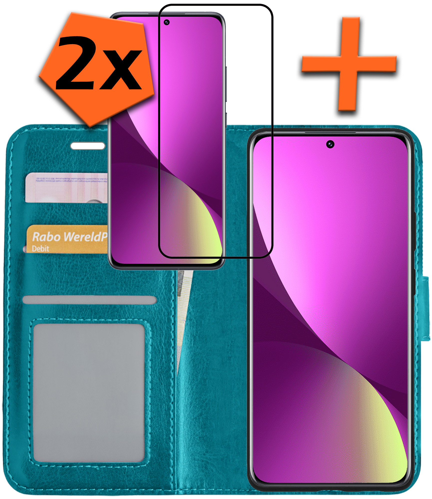 Nomfy Hoesje Geschikt voor Xiaomi 12 Hoes Bookcase Flipcase Book Cover Met 2x Screenprotector - Hoes Geschikt voor Xiaomi 12 Hoesje Book Case - Turquoise