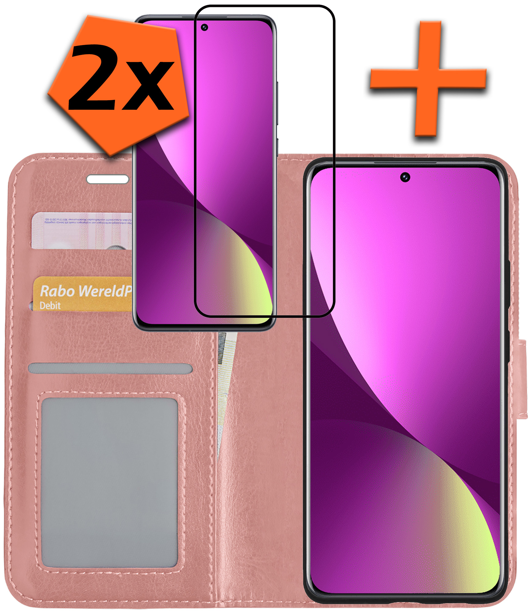 Nomfy Hoesje Geschikt voor Xiaomi 12 Hoes Bookcase Flipcase Book Cover Met 2x Screenprotector - Hoes Geschikt voor Xiaomi 12 Hoesje Book Case - Rosé goud