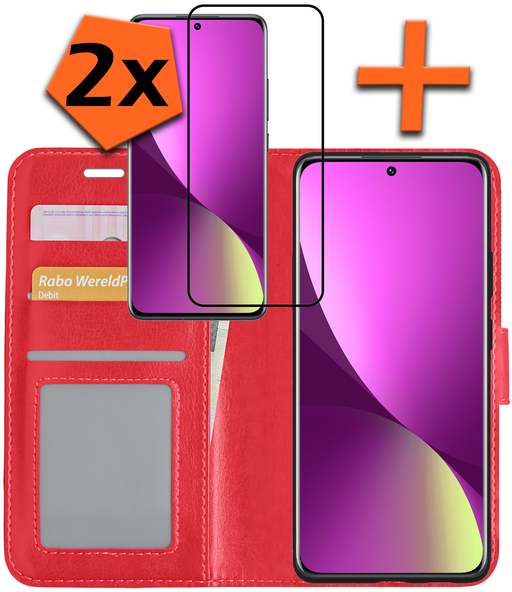 Nomfy Hoesje Geschikt voor Xiaomi 12 Hoes Bookcase Flipcase Book Cover Met 2x Screenprotector - Hoes Geschikt voor Xiaomi 12 Hoesje Book Case - Rood