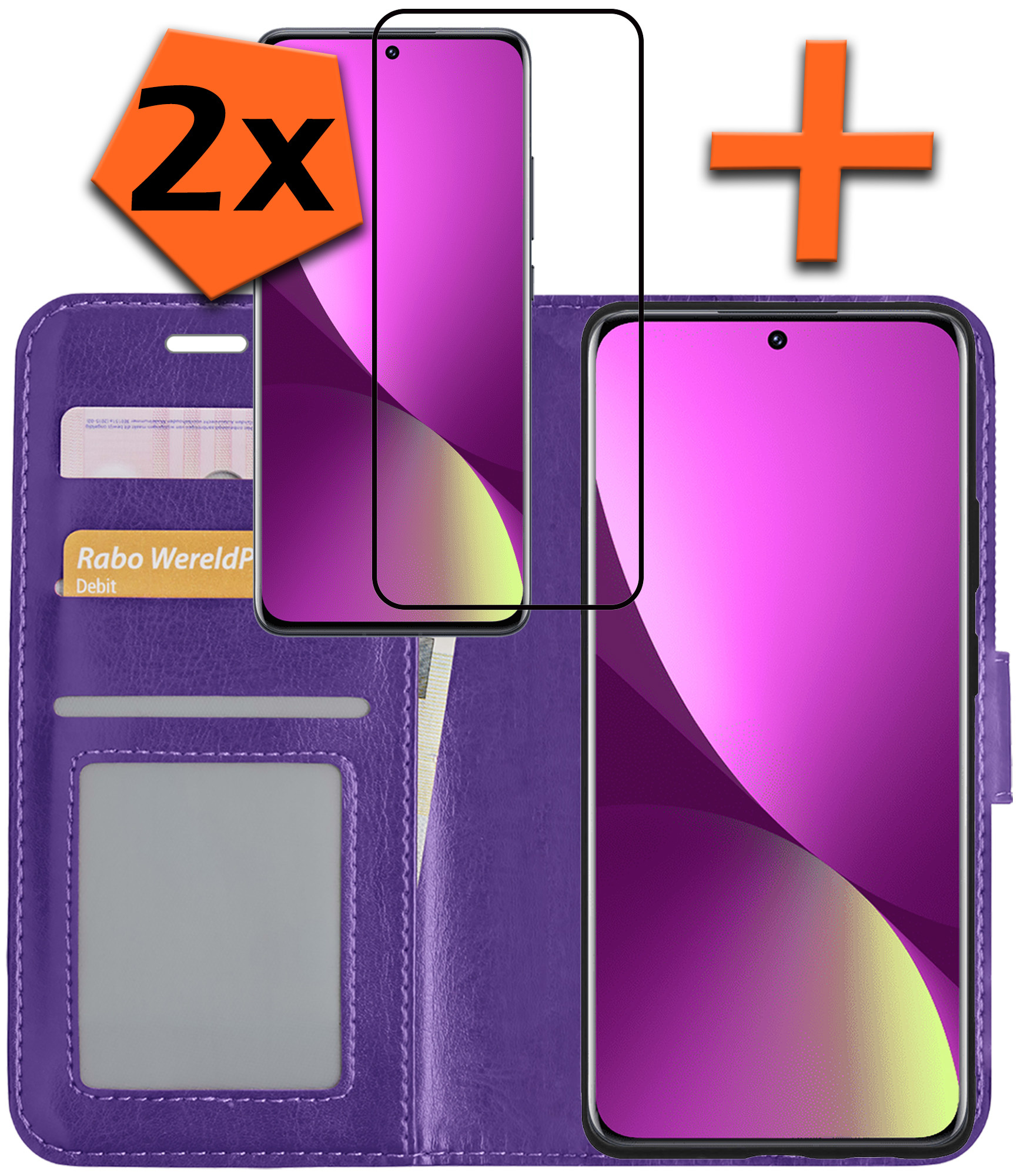 Nomfy Hoesje Geschikt voor Xiaomi 12 Hoes Bookcase Flipcase Book Cover Met 2x Screenprotector - Hoes Geschikt voor Xiaomi 12 Hoesje Book Case - Paars