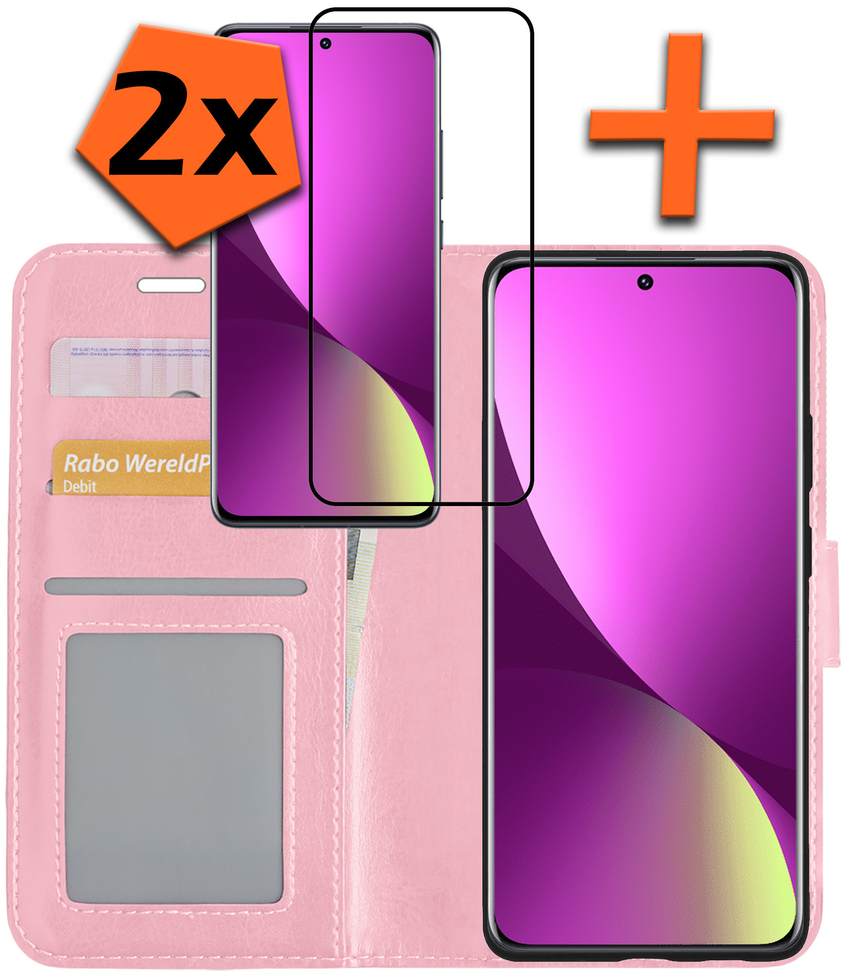 Nomfy Hoesje Geschikt voor Xiaomi 12 Hoes Bookcase Flipcase Book Cover Met 2x Screenprotector - Hoes Geschikt voor Xiaomi 12 Hoesje Book Case - Lichtroze