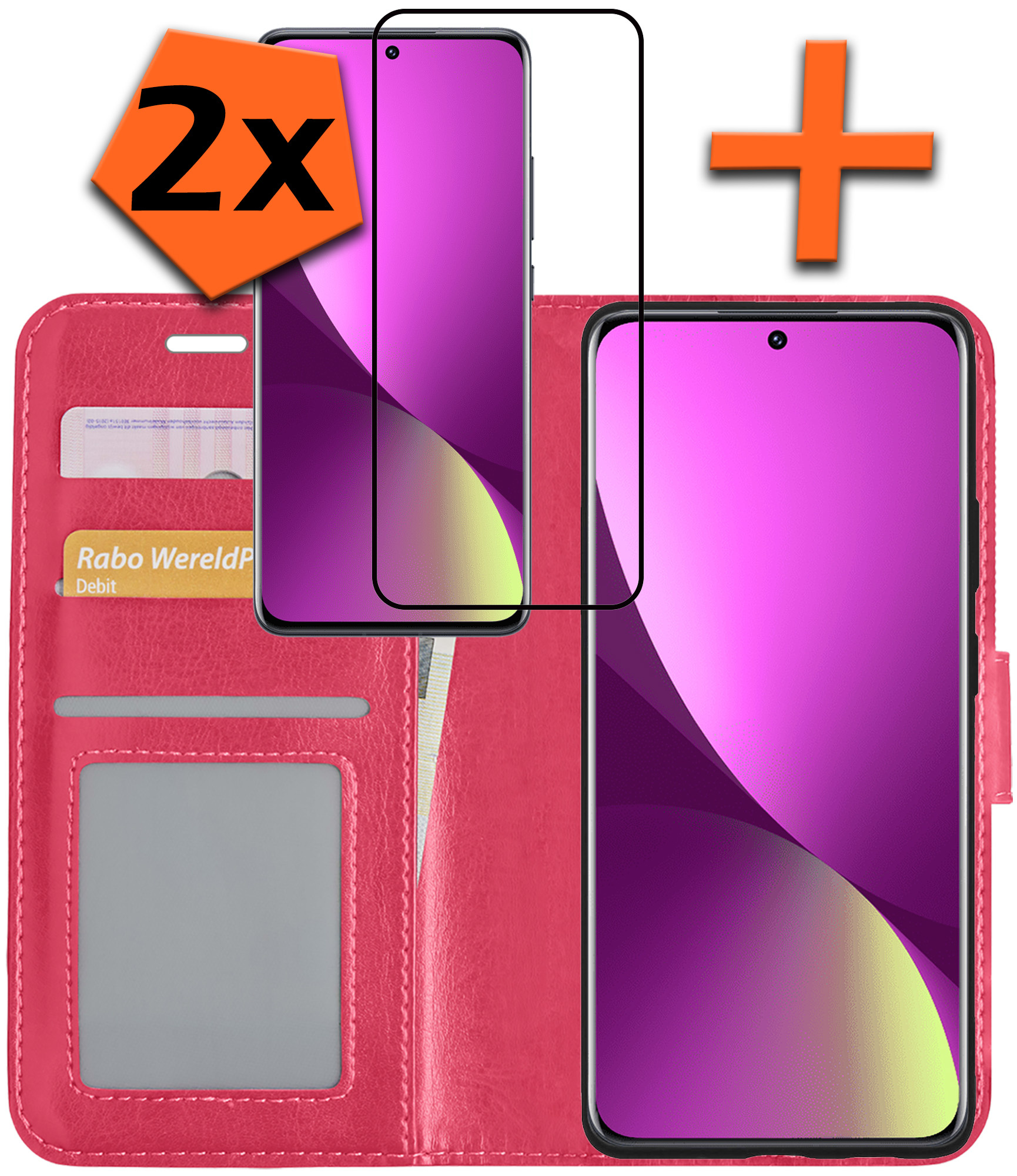 Nomfy Hoesje Geschikt voor Xiaomi 12 Hoes Bookcase Flipcase Book Cover Met 2x Screenprotector - Hoes Geschikt voor Xiaomi 12 Hoesje Book Case - Donkerroze