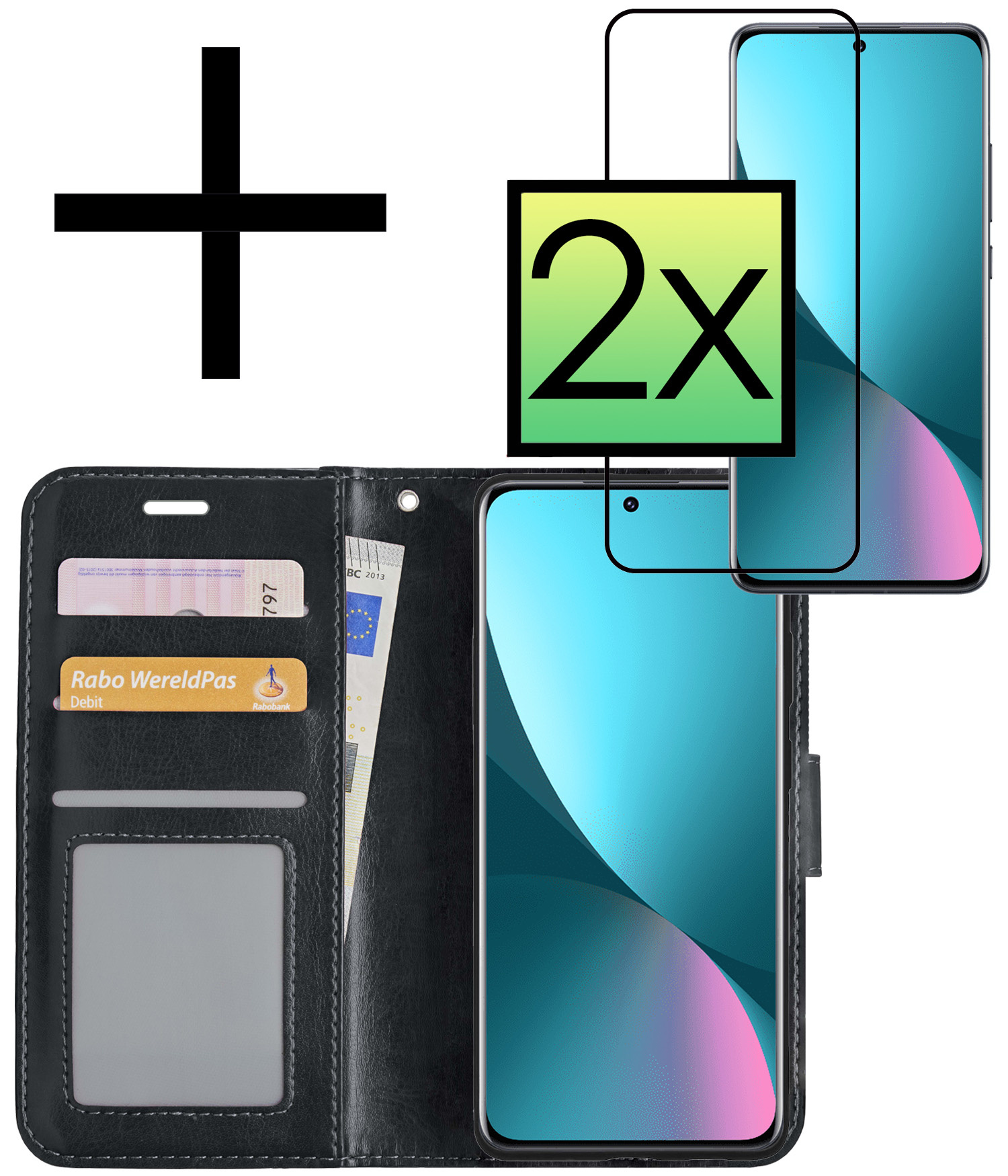 NoXx Hoes Geschikt voor Xiaomi 12 Hoesje Book Case Hoes Flip Cover Wallet Bookcase Met 2x Screenprotector - Zwart