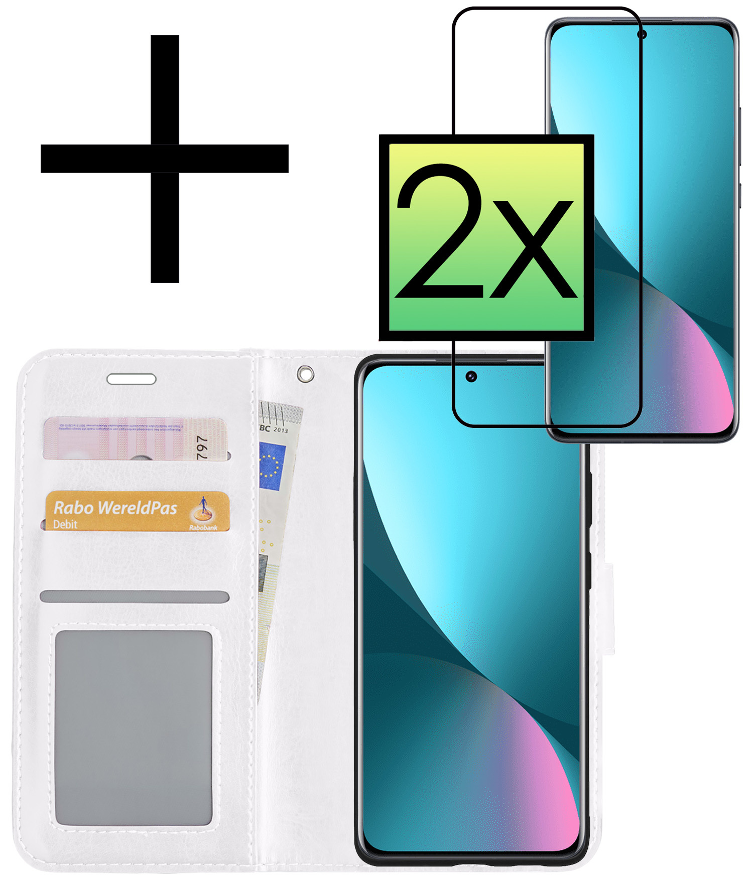 NoXx Hoes Geschikt voor Xiaomi 12 Hoesje Book Case Hoes Flip Cover Wallet Bookcase Met 2x Screenprotector - Wit