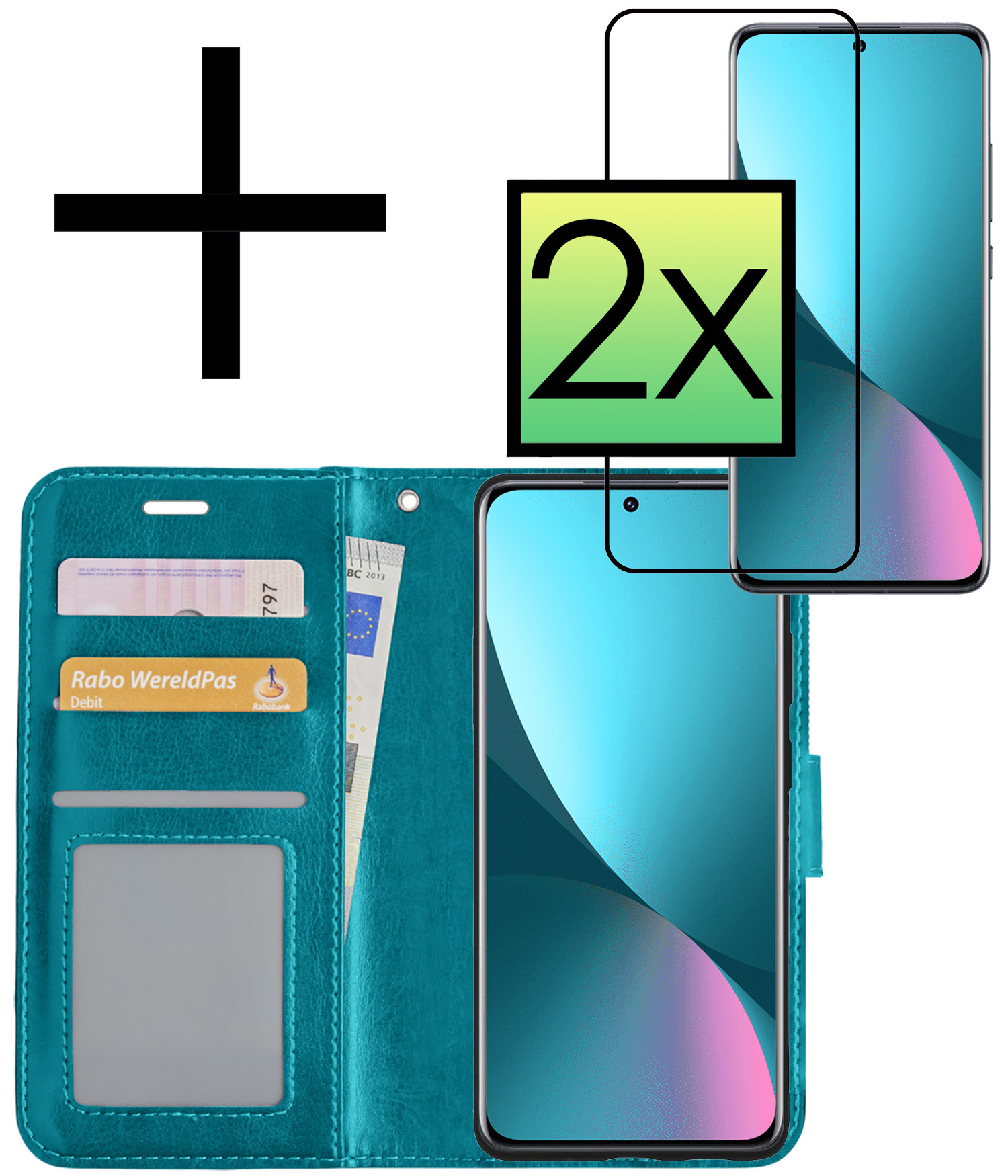 NoXx Hoes Geschikt voor Xiaomi 12 Hoesje Book Case Hoes Flip Cover Wallet Bookcase Met 2x Screenprotector - Turquoise