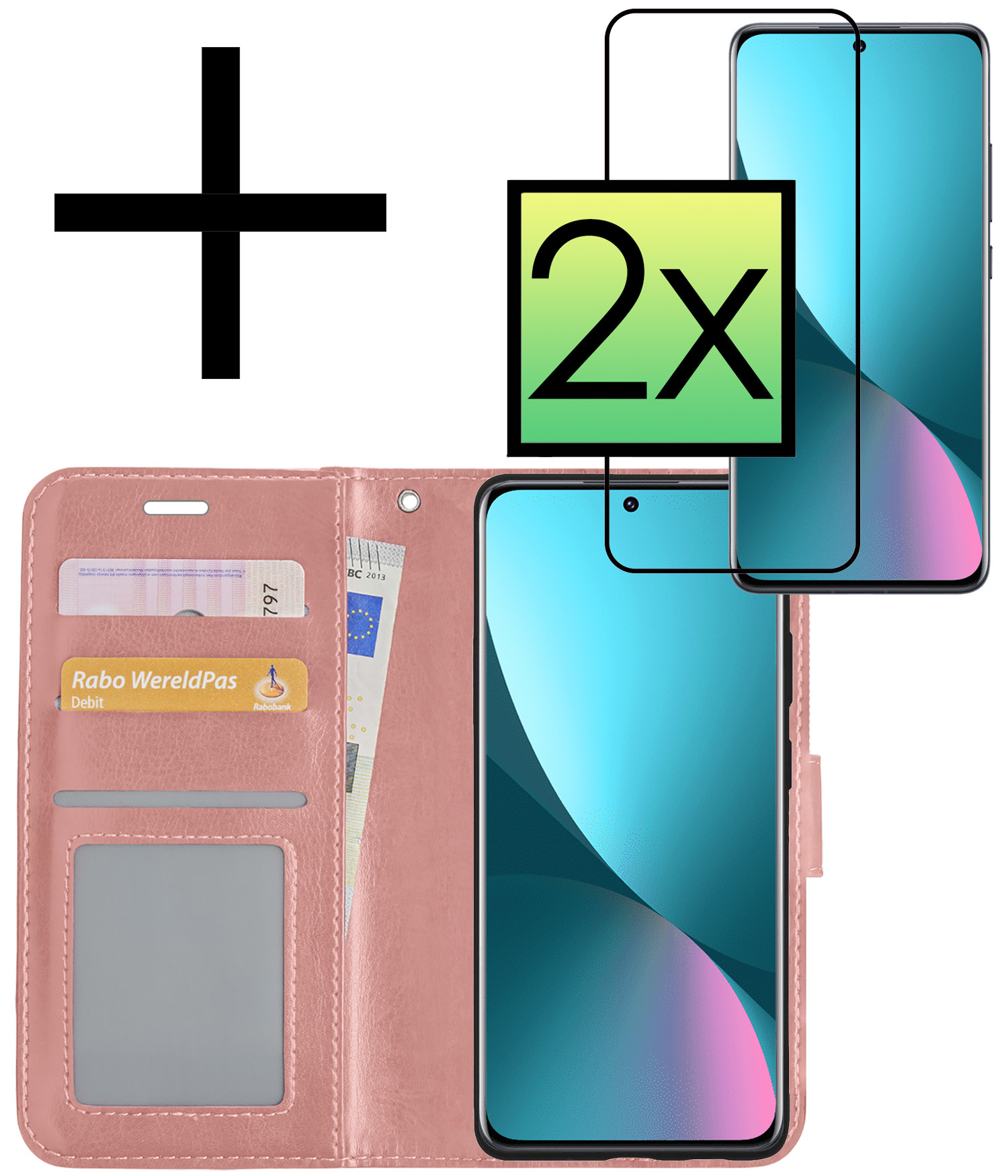 NoXx Hoes Geschikt voor Xiaomi 12 Hoesje Book Case Hoes Flip Cover Wallet Bookcase Met 2x Screenprotector - Rosé goud