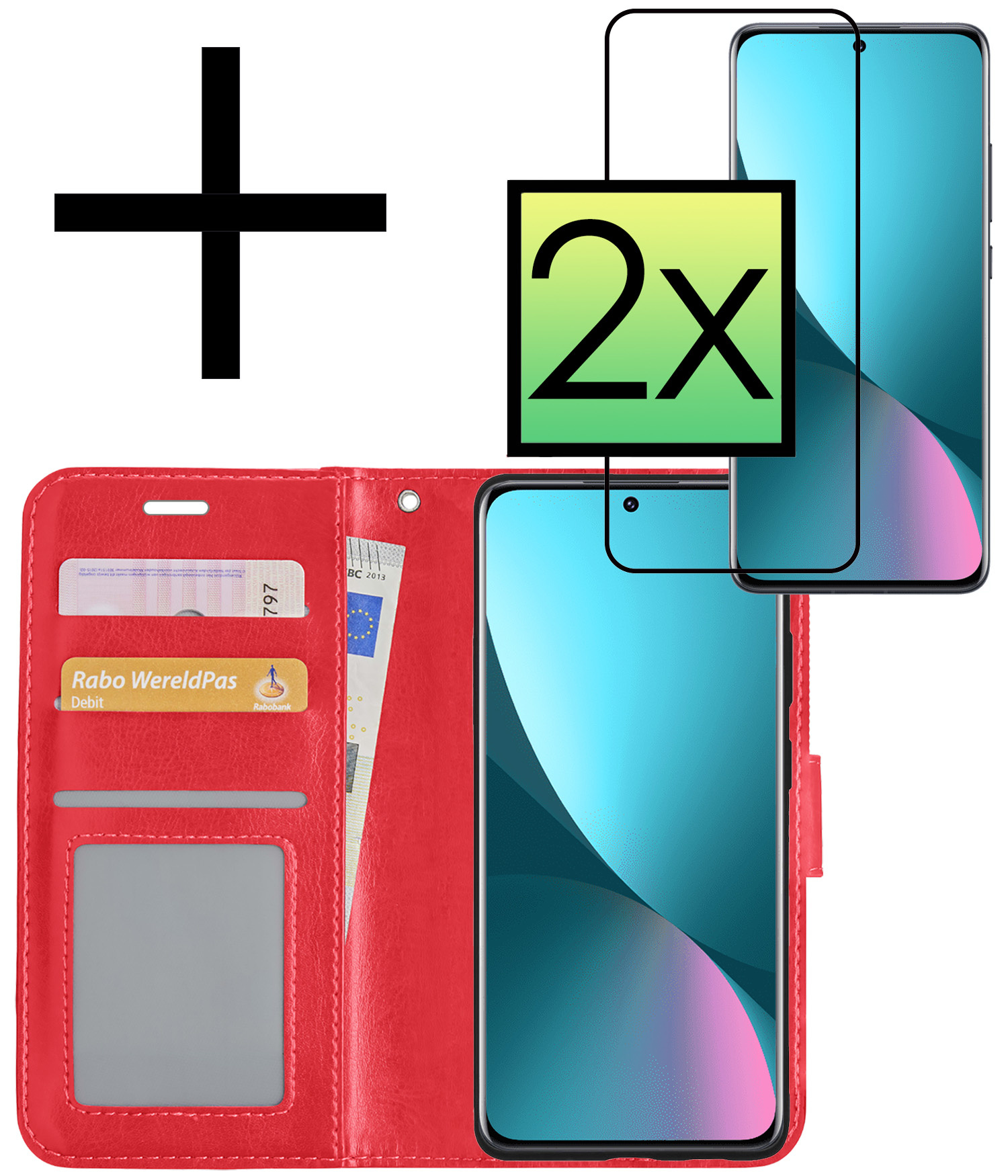 NoXx Hoes Geschikt voor Xiaomi 12 Hoesje Book Case Hoes Flip Cover Wallet Bookcase Met 2x Screenprotector - Rood