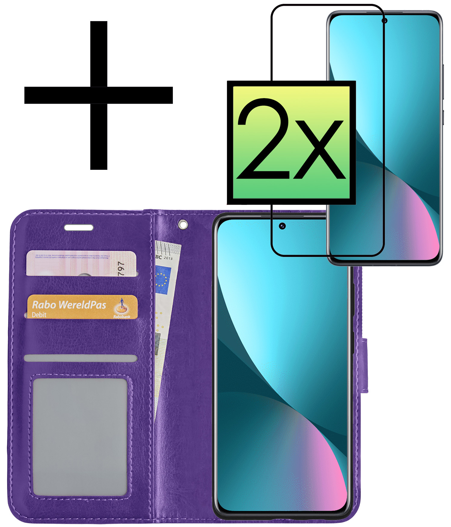 NoXx Hoes Geschikt voor Xiaomi 12 Hoesje Book Case Hoes Flip Cover Wallet Bookcase Met 2x Screenprotector - Paars