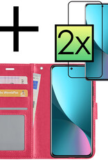 NoXx Hoes Geschikt voor Xiaomi 12 Hoesje Book Case Hoes Flip Cover Wallet Bookcase Met 2x Screenprotector - Donkerroze