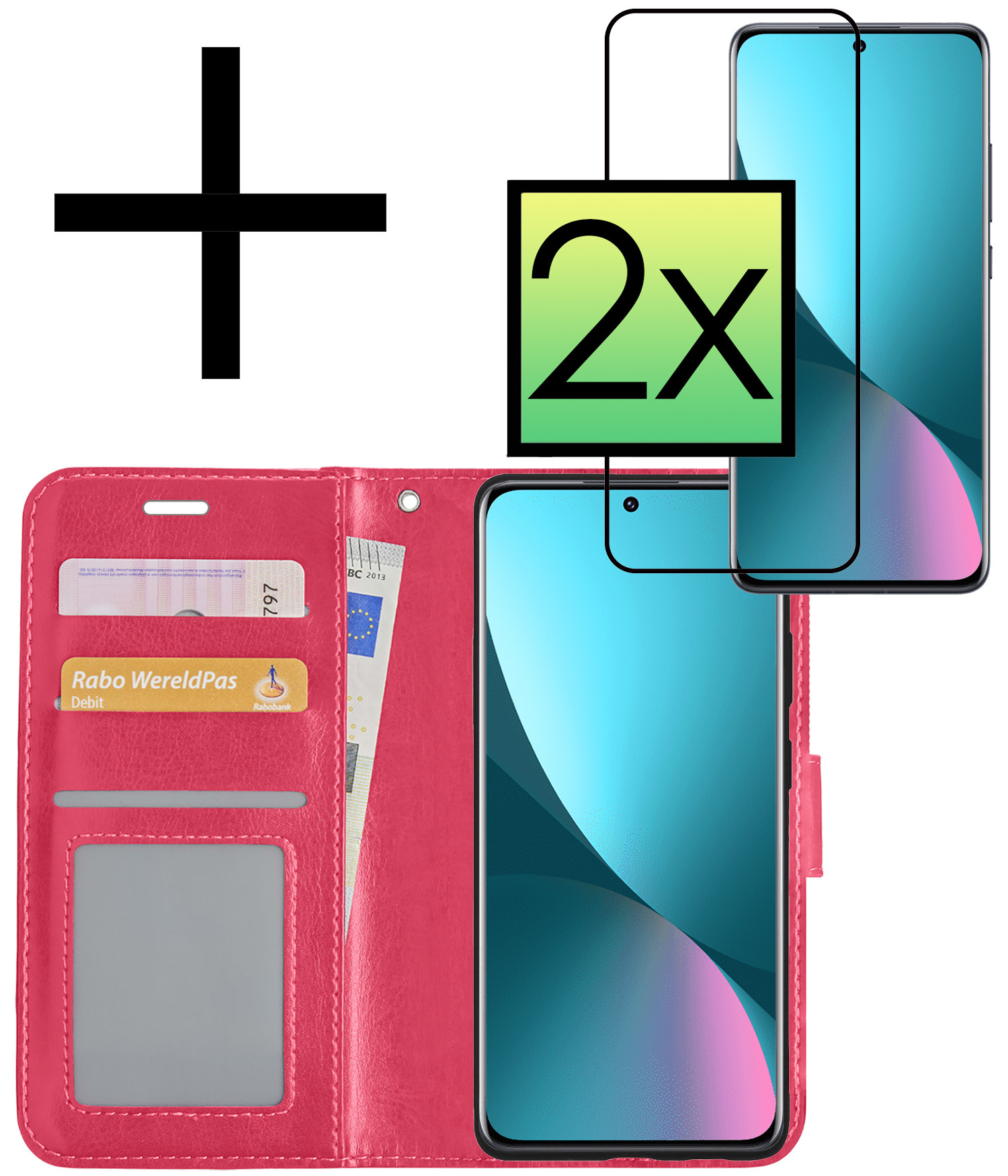 NoXx Hoes Geschikt voor Xiaomi 12 Hoesje Book Case Hoes Flip Cover Wallet Bookcase Met 2x Screenprotector - Donkerroze