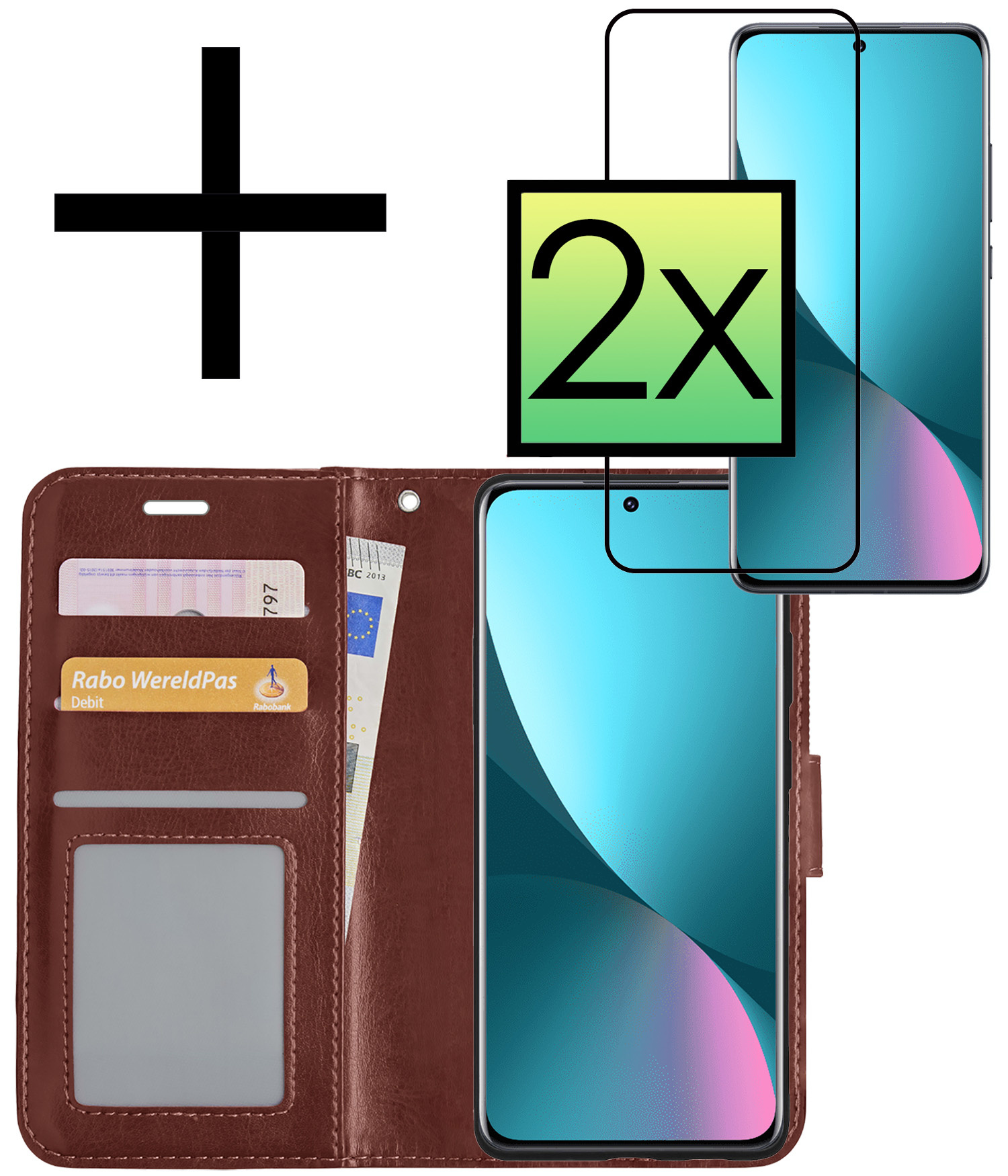 NoXx Hoes Geschikt voor Xiaomi 12 Hoesje Book Case Hoes Flip Cover Wallet Bookcase Met 2x Screenprotector - Bruin