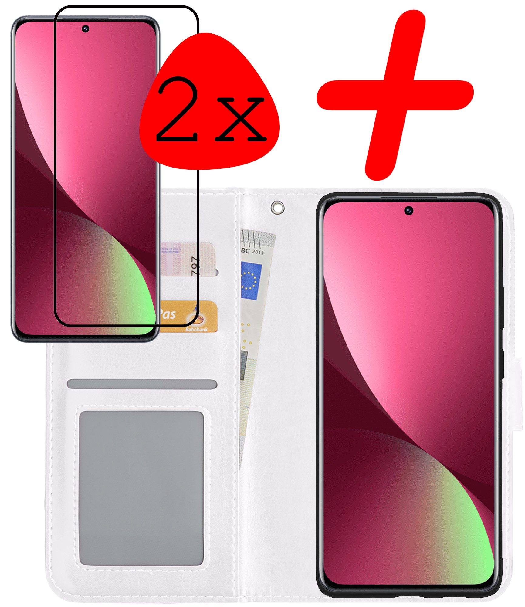 BASEY. Hoes Geschikt voor Xiaomi 12 Hoesje Bookcase Hoes Flip Case Book Cover Met 2x Screenprotector - Hoesje Geschikt voor Xiaomi 12 Hoes Book Case Hoesje - Wit