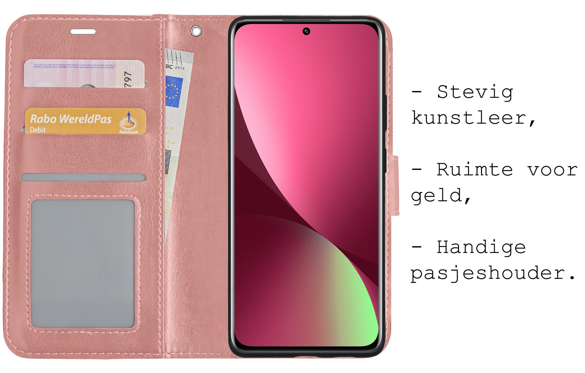 BASEY. Hoes Geschikt voor Xiaomi 12 Hoesje Bookcase Hoes Flip Case Book Cover Met 2x Screenprotector - Hoesje Geschikt voor Xiaomi 12 Hoes Book Case Hoesje - Rosé goud