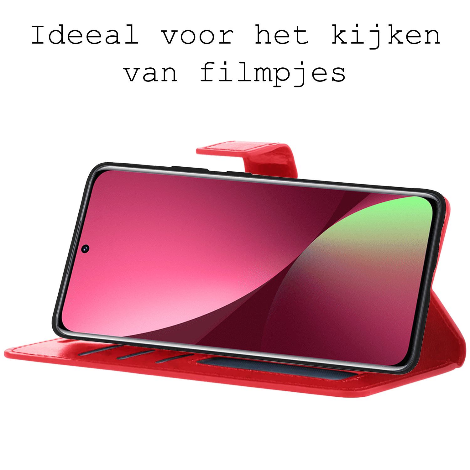 BASEY. Hoes Geschikt voor Xiaomi 12 Hoesje Bookcase Hoes Flip Case Book Cover Met 2x Screenprotector - Hoesje Geschikt voor Xiaomi 12 Hoes Book Case Hoesje - Rood