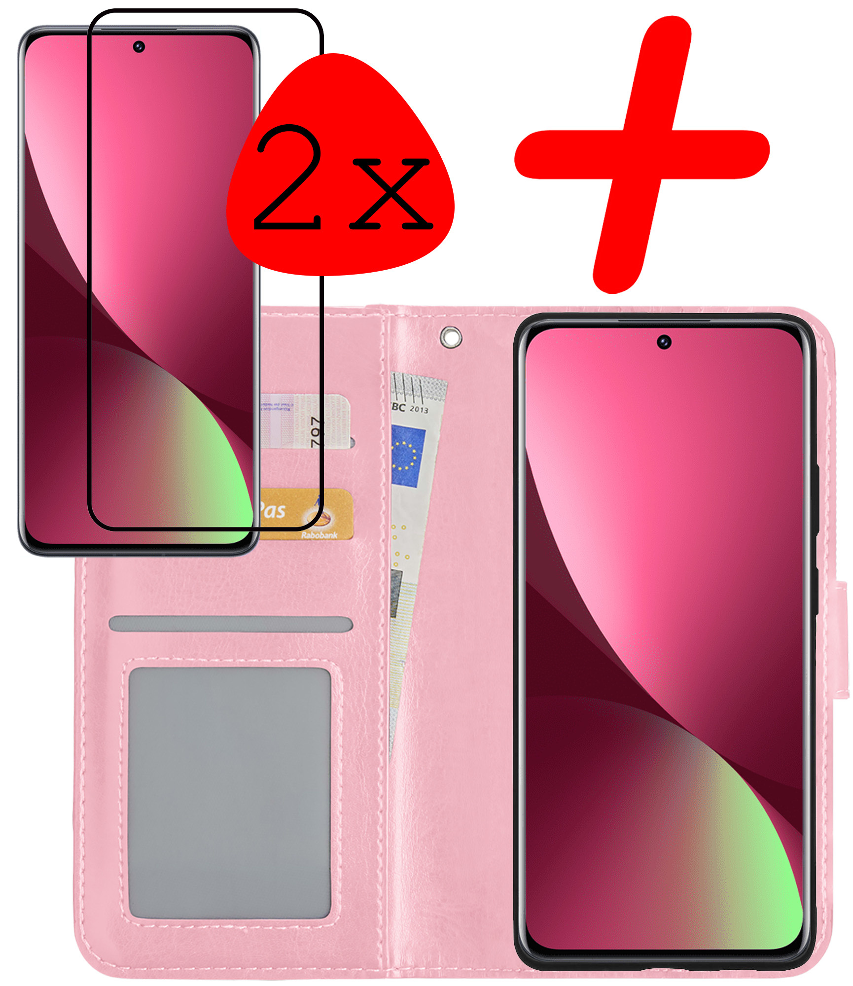 BASEY. Hoes Geschikt voor Xiaomi 12 Hoesje Bookcase Hoes Flip Case Book Cover Met 2x Screenprotector - Hoesje Geschikt voor Xiaomi 12 Hoes Book Case Hoesje - Lichtroze