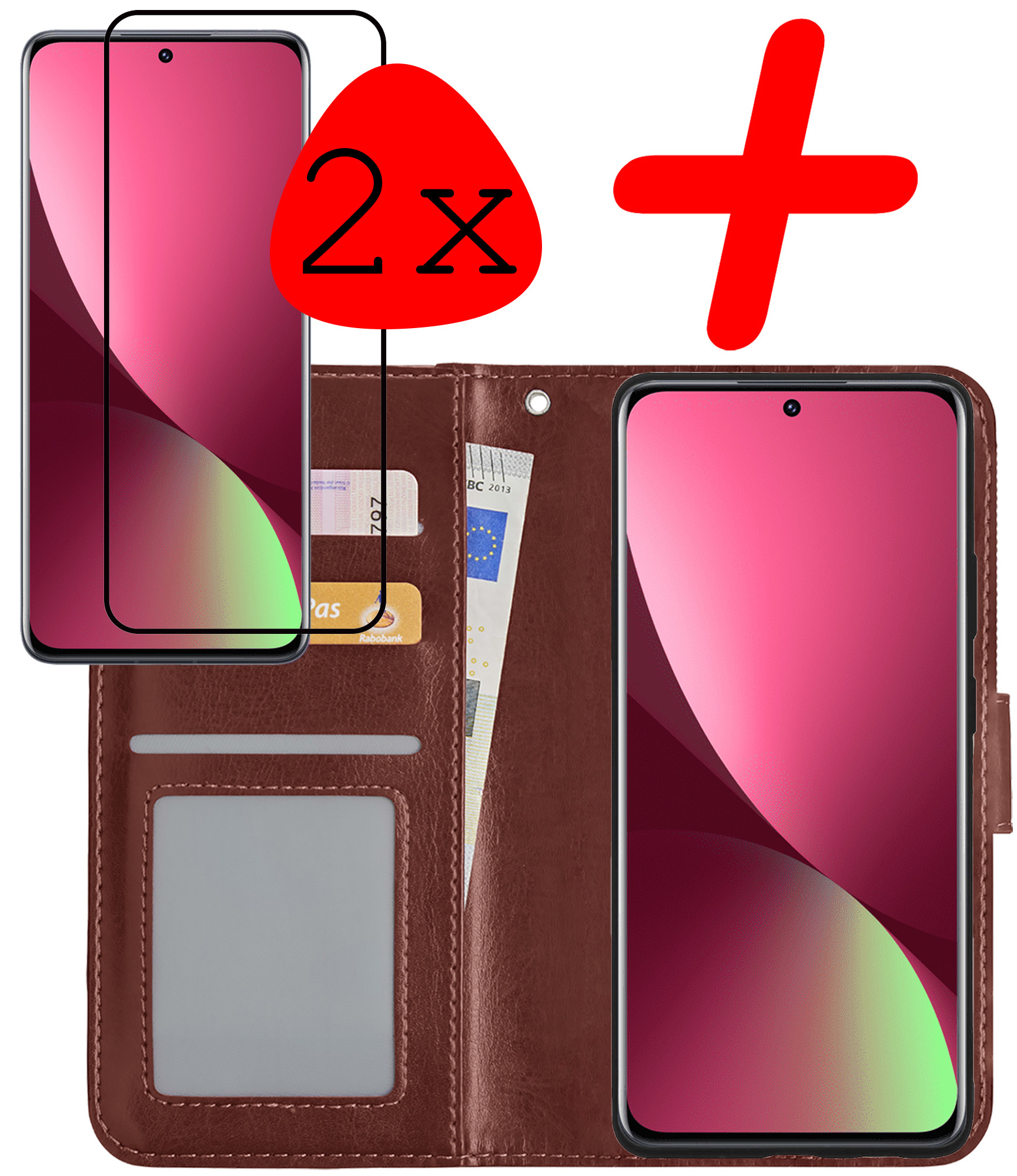 BASEY. Hoes Geschikt voor Xiaomi 12 Hoesje Bookcase Hoes Flip Case Book Cover Met 2x Screenprotector - Hoesje Geschikt voor Xiaomi 12 Hoes Book Case Hoesje - Bruin