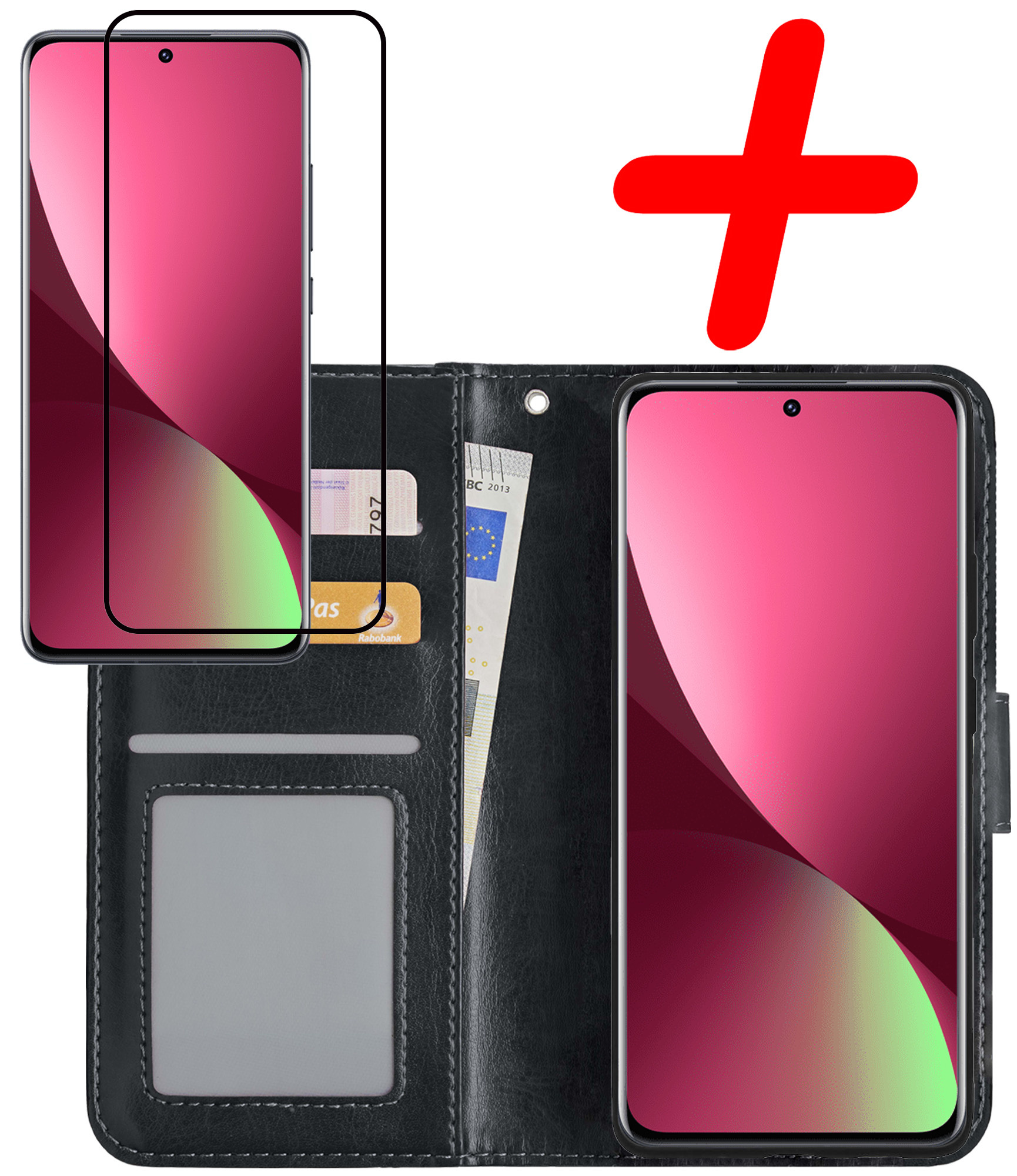 BASEY. Hoes Geschikt voor Xiaomi 12 Hoesje Bookcase Hoes Flip Case Book Cover Met Screenprotector - Hoesje Geschikt voor Xiaomi 12 Hoes Book Case Hoesje - Zwart