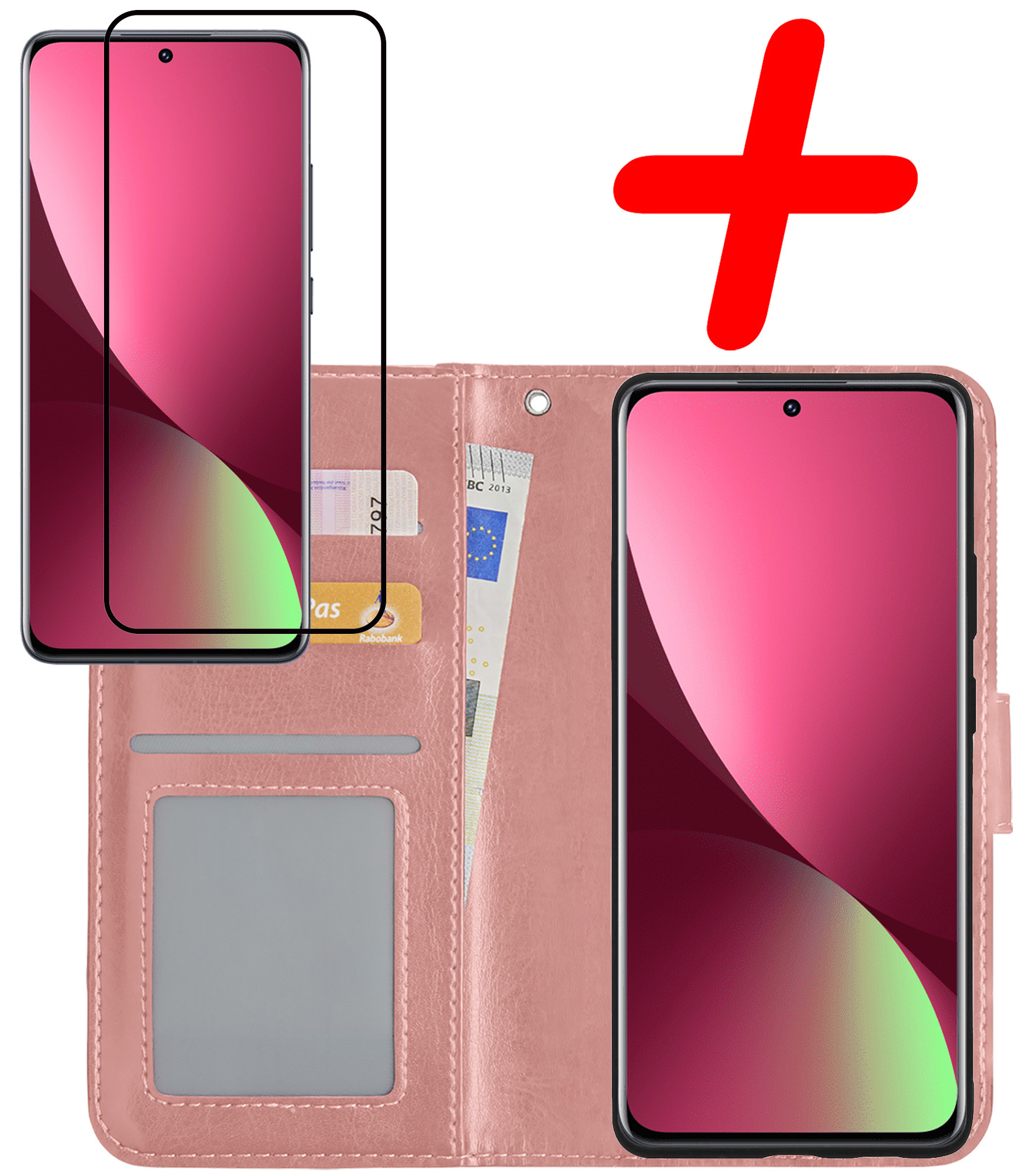 BASEY. Hoes Geschikt voor Xiaomi 12 Hoesje Bookcase Hoes Flip Case Book Cover Met Screenprotector - Hoesje Geschikt voor Xiaomi 12 Hoes Book Case Hoesje - Rosé goud