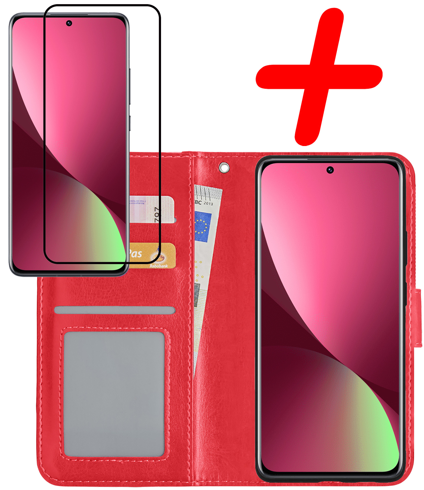 BASEY. Hoes Geschikt voor Xiaomi 12 Hoesje Bookcase Hoes Flip Case Book Cover Met Screenprotector - Hoesje Geschikt voor Xiaomi 12 Hoes Book Case Hoesje - Rood