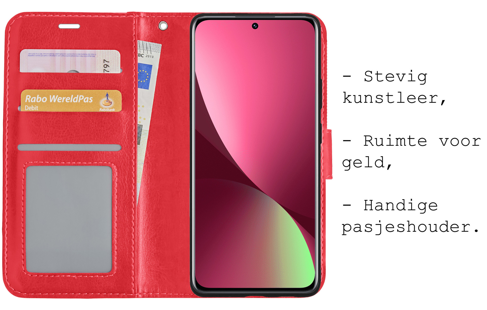 BASEY. Hoes Geschikt voor Xiaomi 12 Hoesje Bookcase Hoes Flip Case Book Cover Met Screenprotector - Hoesje Geschikt voor Xiaomi 12 Hoes Book Case Hoesje - Rood