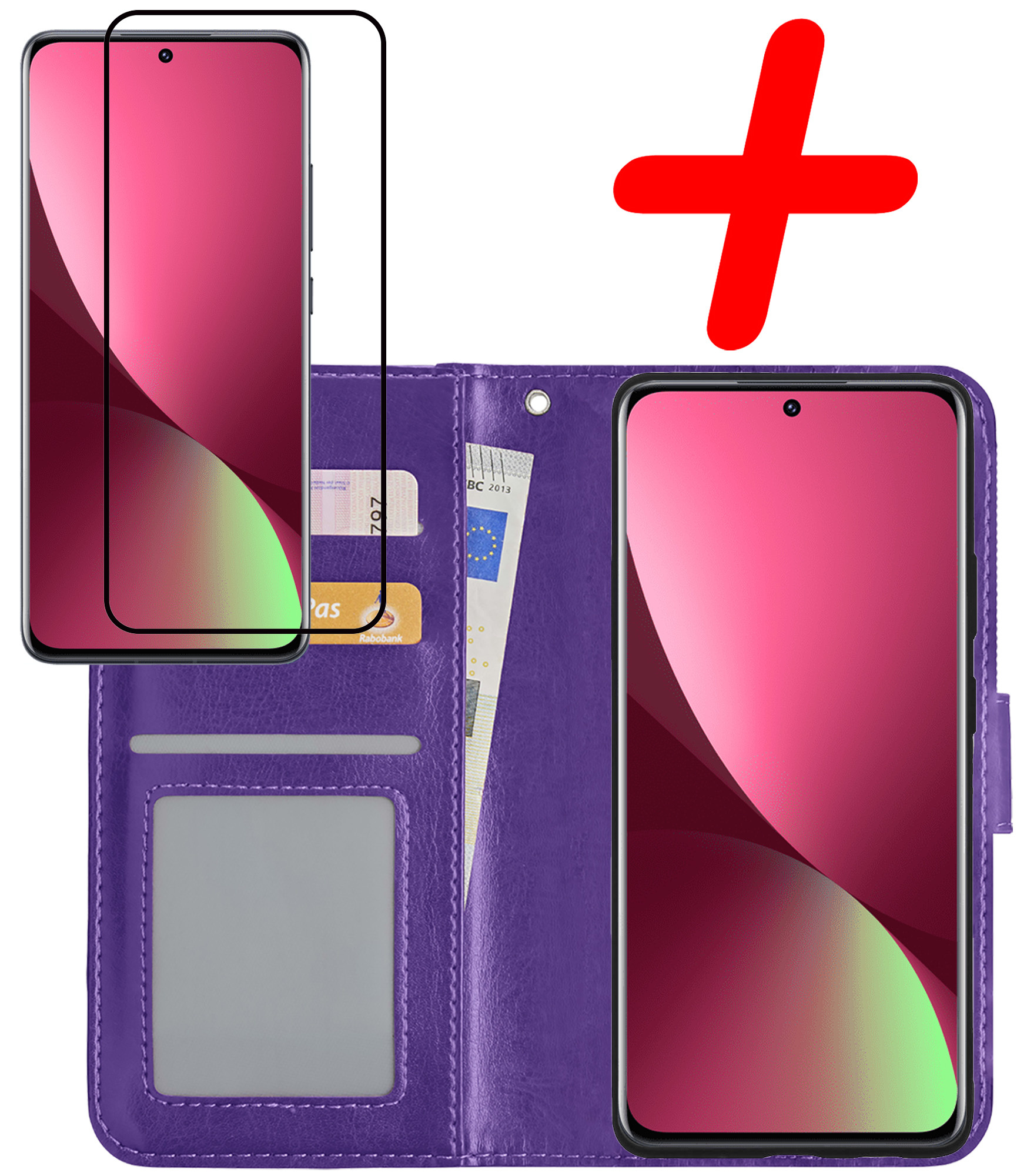 BASEY. Hoes Geschikt voor Xiaomi 12 Hoesje Bookcase Hoes Flip Case Book Cover Met Screenprotector - Hoesje Geschikt voor Xiaomi 12 Hoes Book Case Hoesje - Paars